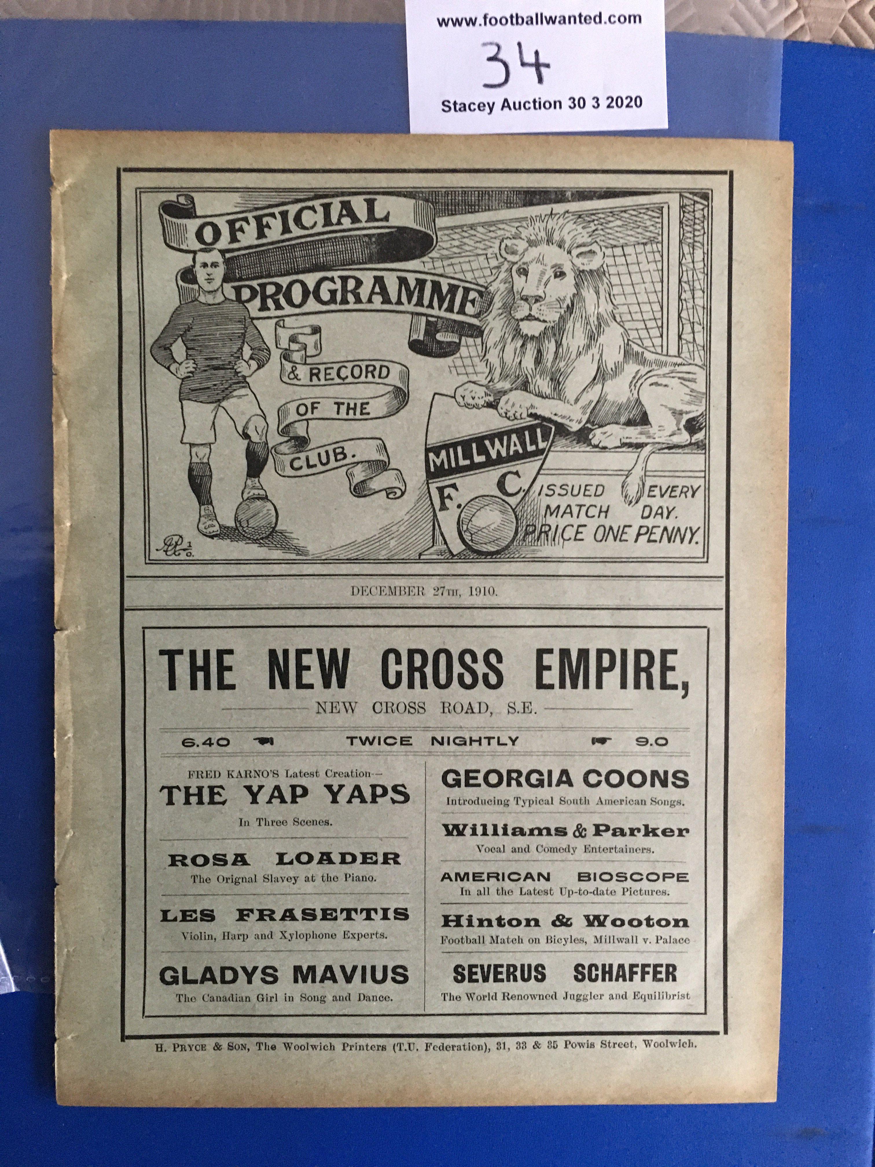 1910/11 Millwall v Southend United Football Programme: First team Southern League Division One match