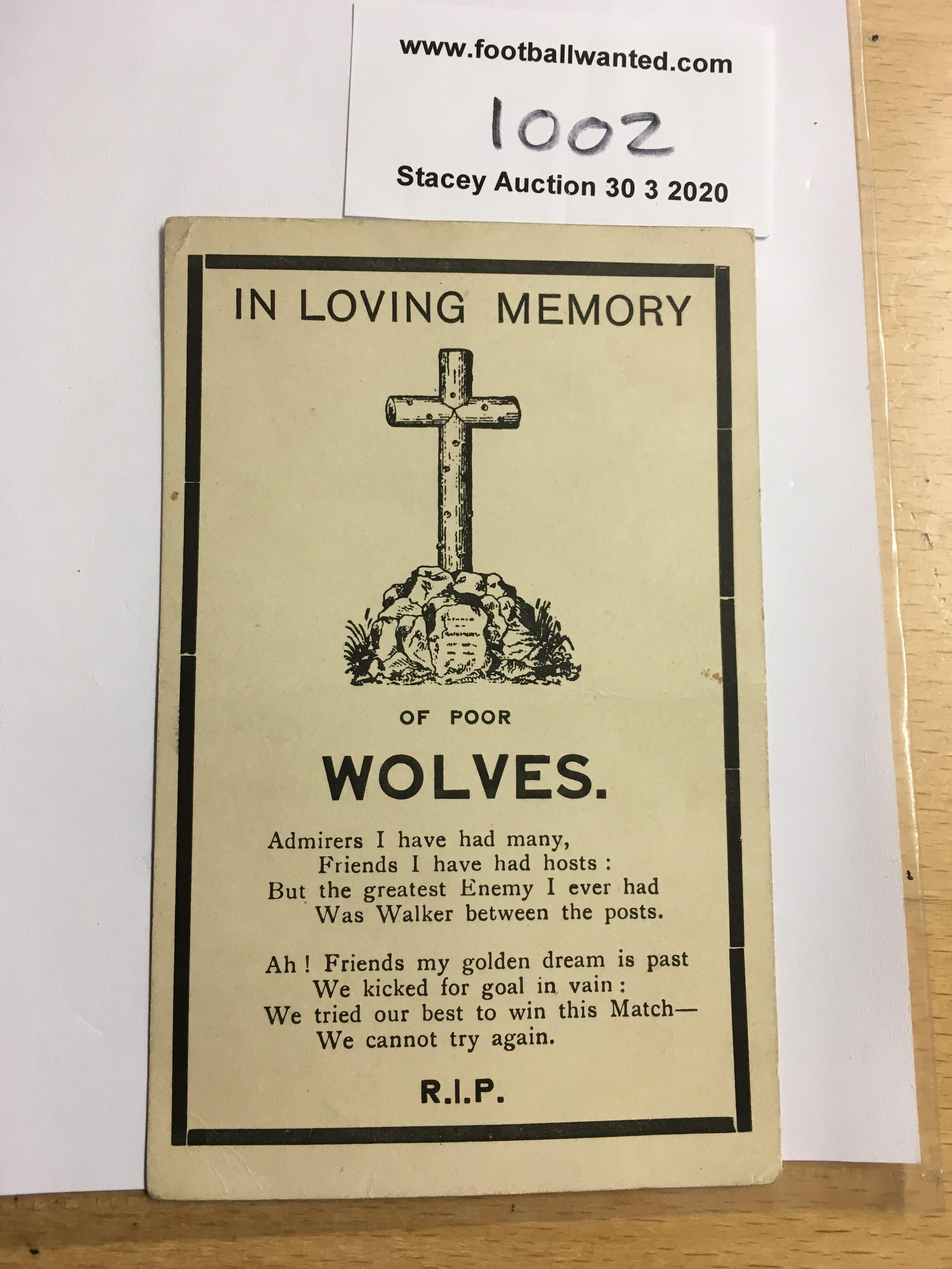 1939 FA Cup Final Memorandum Postcard: Portsmouth issued In Loving Memory Of Poor Wolves with poem