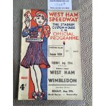 1939 West Ham v Wimbledon Speedway Programme: Good with light fold and some pencilled numbers. Great