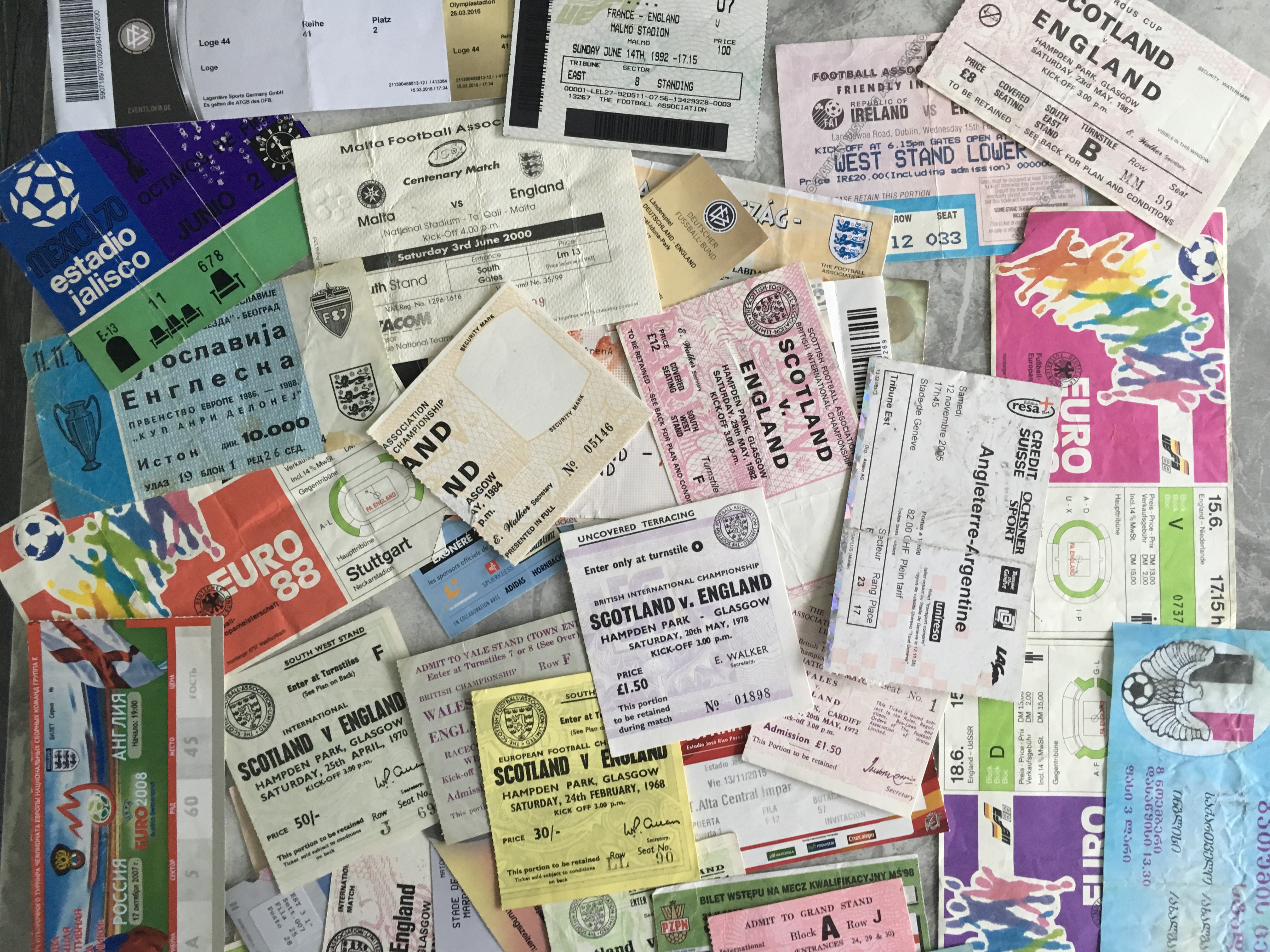 England Away Football Tickets: Good collection including Euro 88 World Cup 70. Germany from 56 68 72