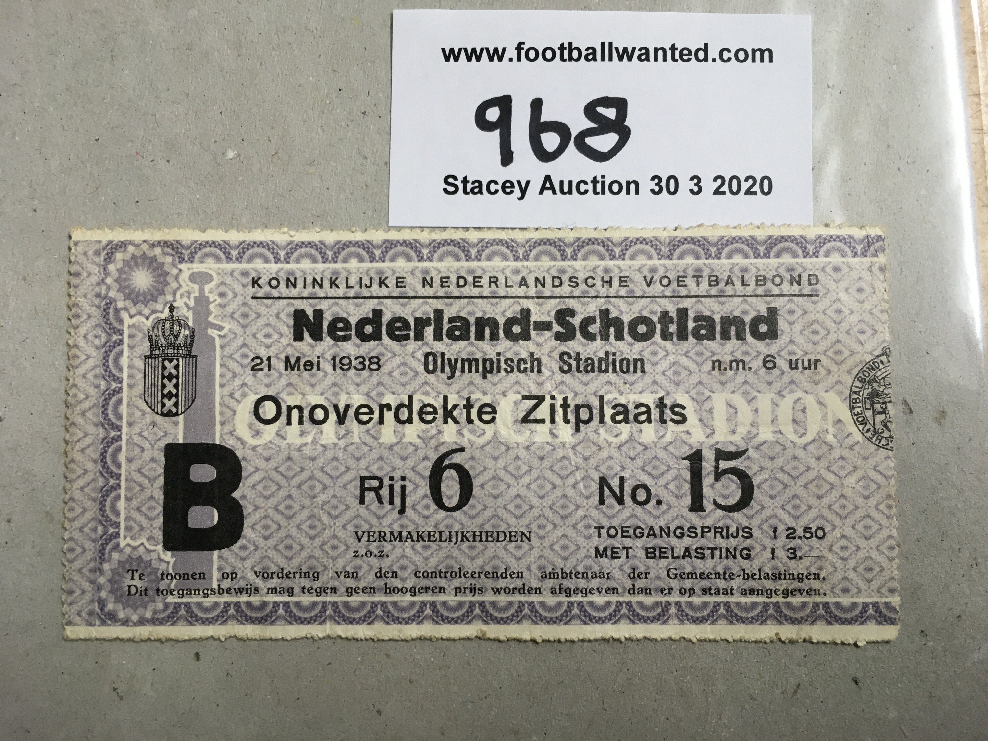 1938 Holland v Scotland Football Ticket: Very good condition ticket dated 21 5 1938. Light folding.