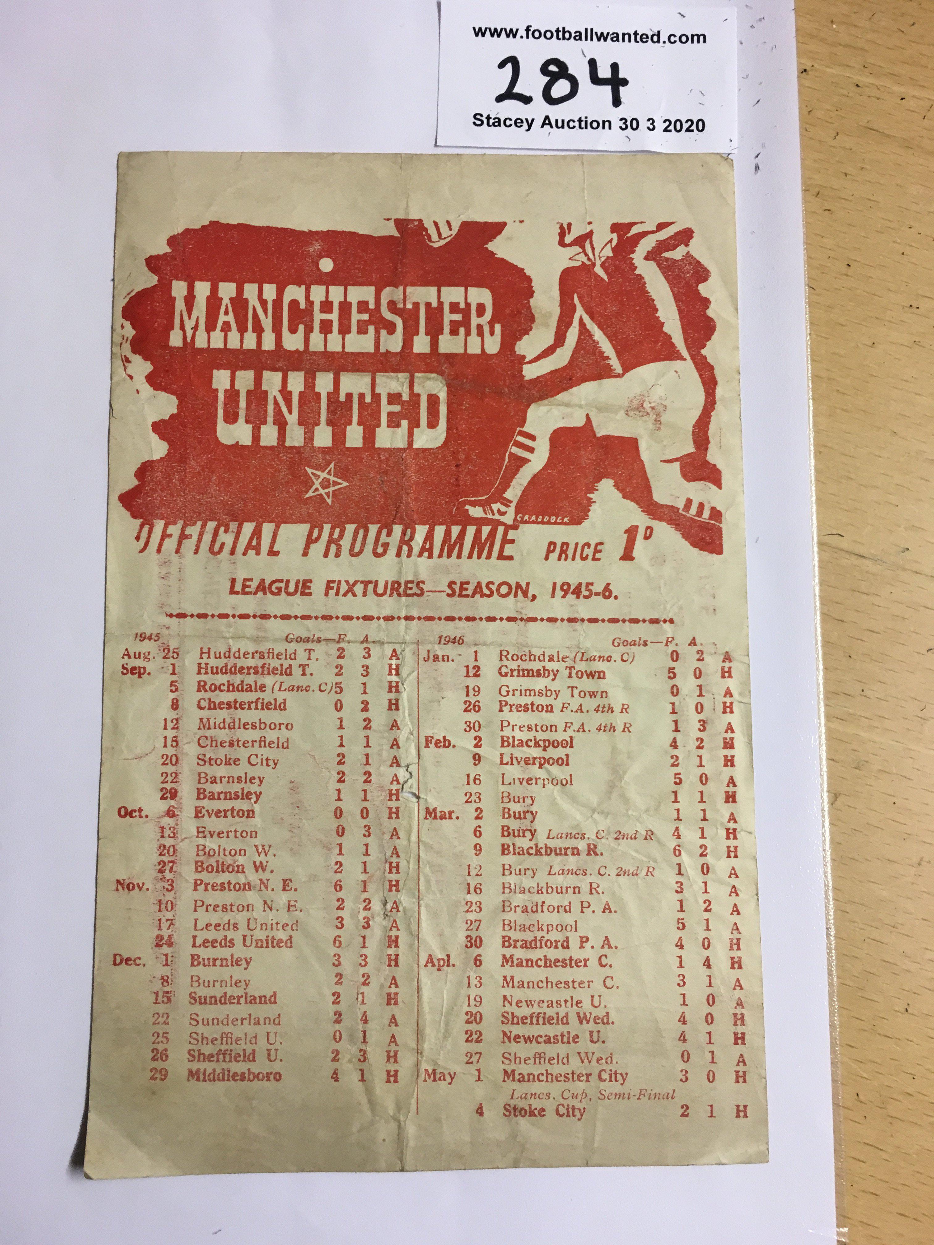 45/46 Manchester United v Burnley Football Programme: Fair/good condition Lancs Cup Final match with