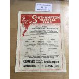 44/45 Southampton v Tottenham Football Programme: Dated 23 9 1944 with no team changes. Folding