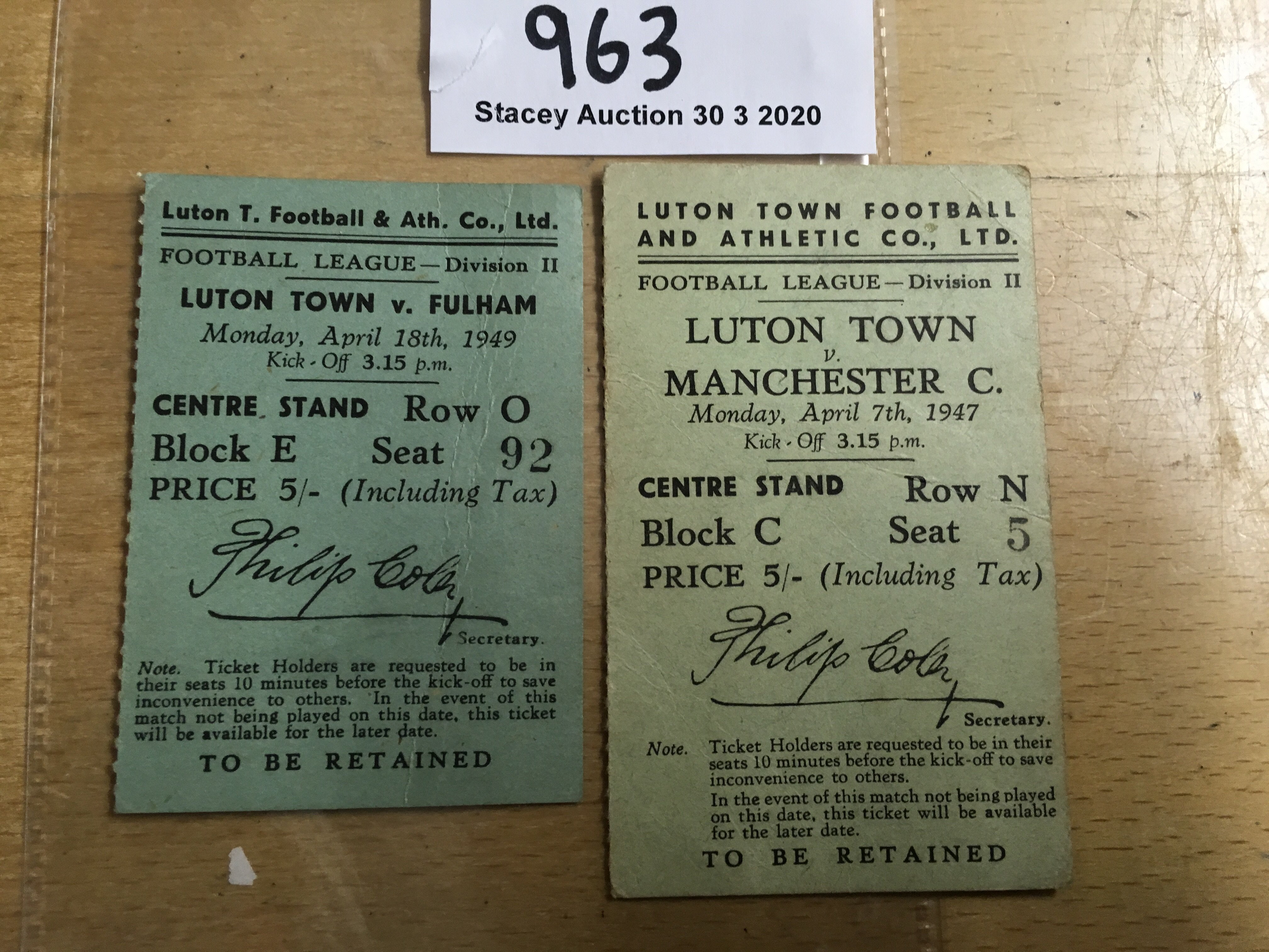 Luton Town 1940s Home Football Tickets: League matches v 46/47 Manchester City and 48/49 Fulham.