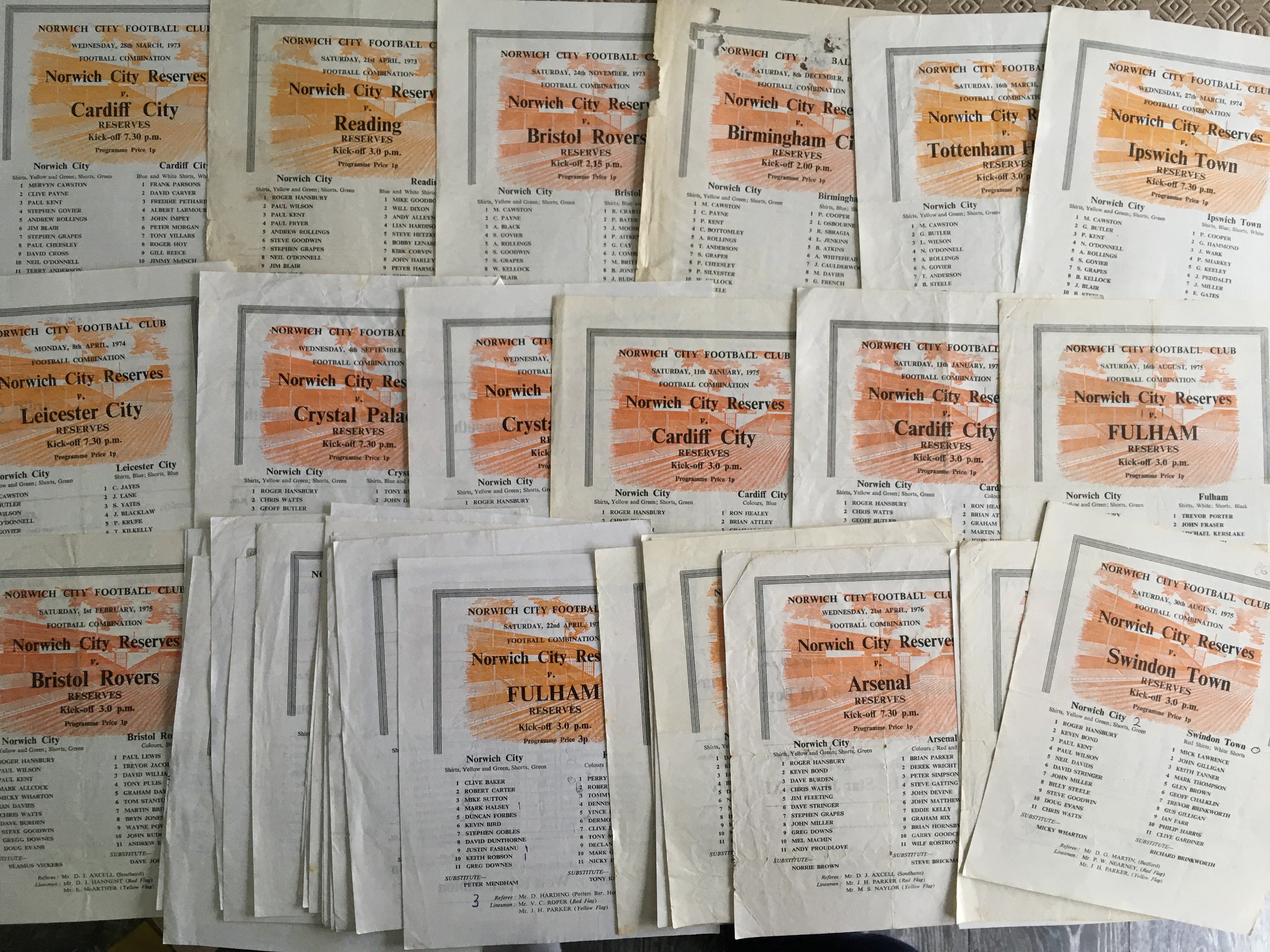 Norwich City 1970s Reserves Football Programmes: Single sheets some with score or creasing but