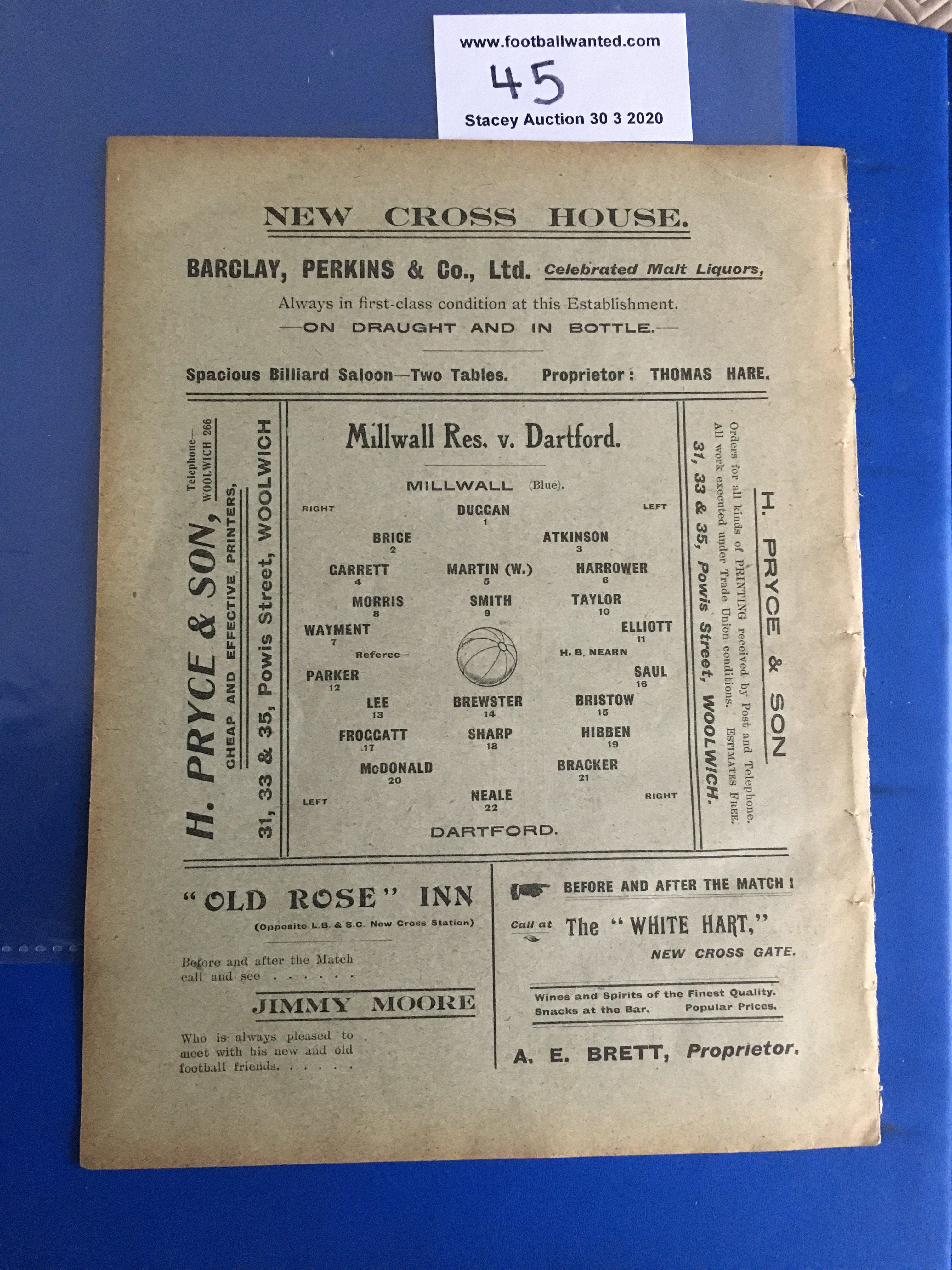 1910/11 Millwall Reserves v Dartford Football Programme: Reserve match dated 17 4 1911. Excellent - Image 2 of 2