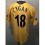 2005/2006 Arsenal Match Worn Football Shirt: Short sleeve yellow Nike shirt with O2 sponsorship.