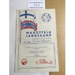 1937 Finland v England Football Programme: Near mint condition with one team change. Dated 20 5 1937