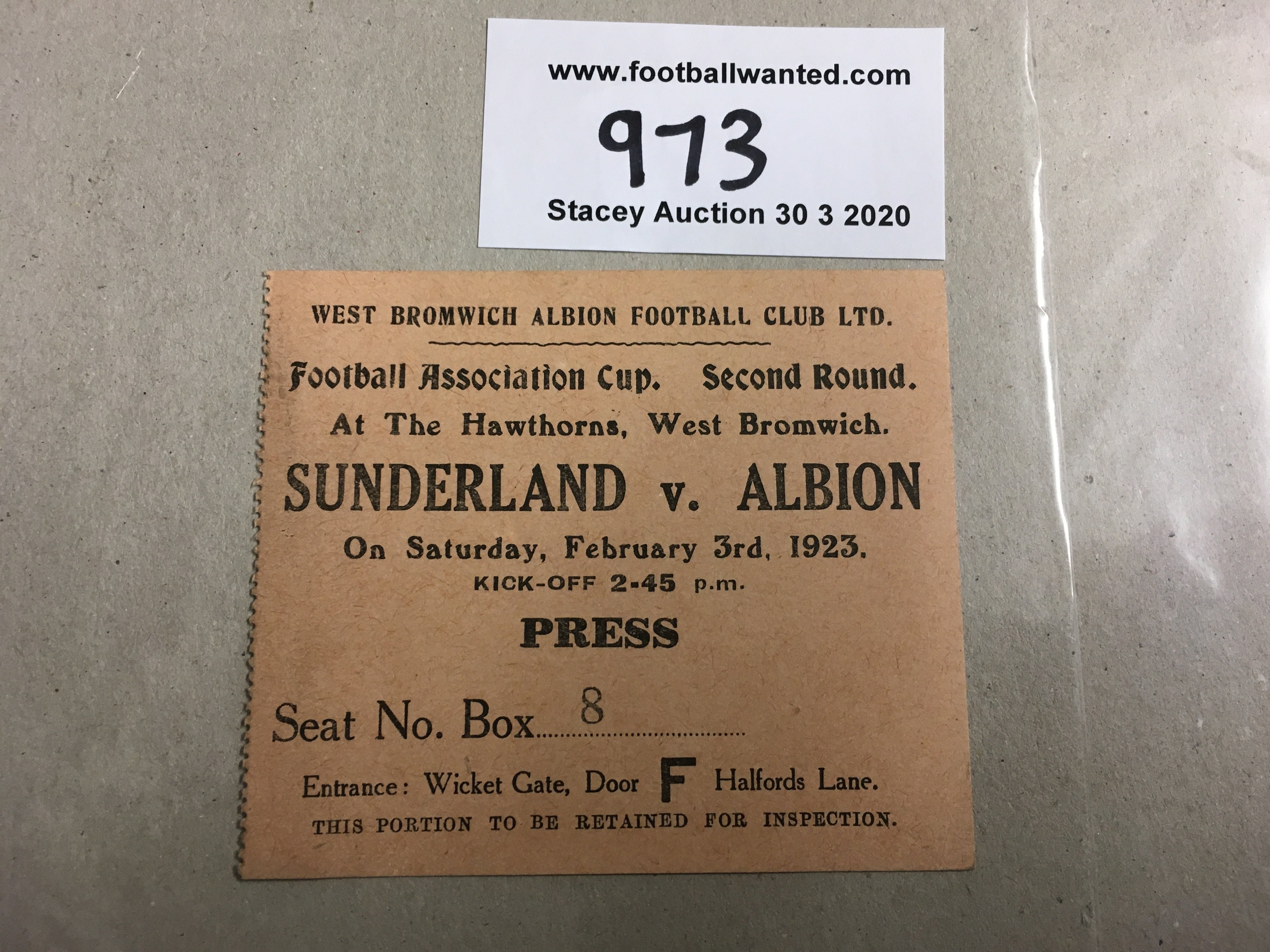 22/23 West Brom v Sunderland FA Cup Football Ticket: Dated 3 2 1923 in excellent condition.