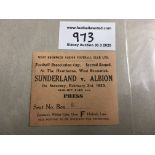 22/23 West Brom v Sunderland FA Cup Football Ticket: Dated 3 2 1923 in excellent condition.
