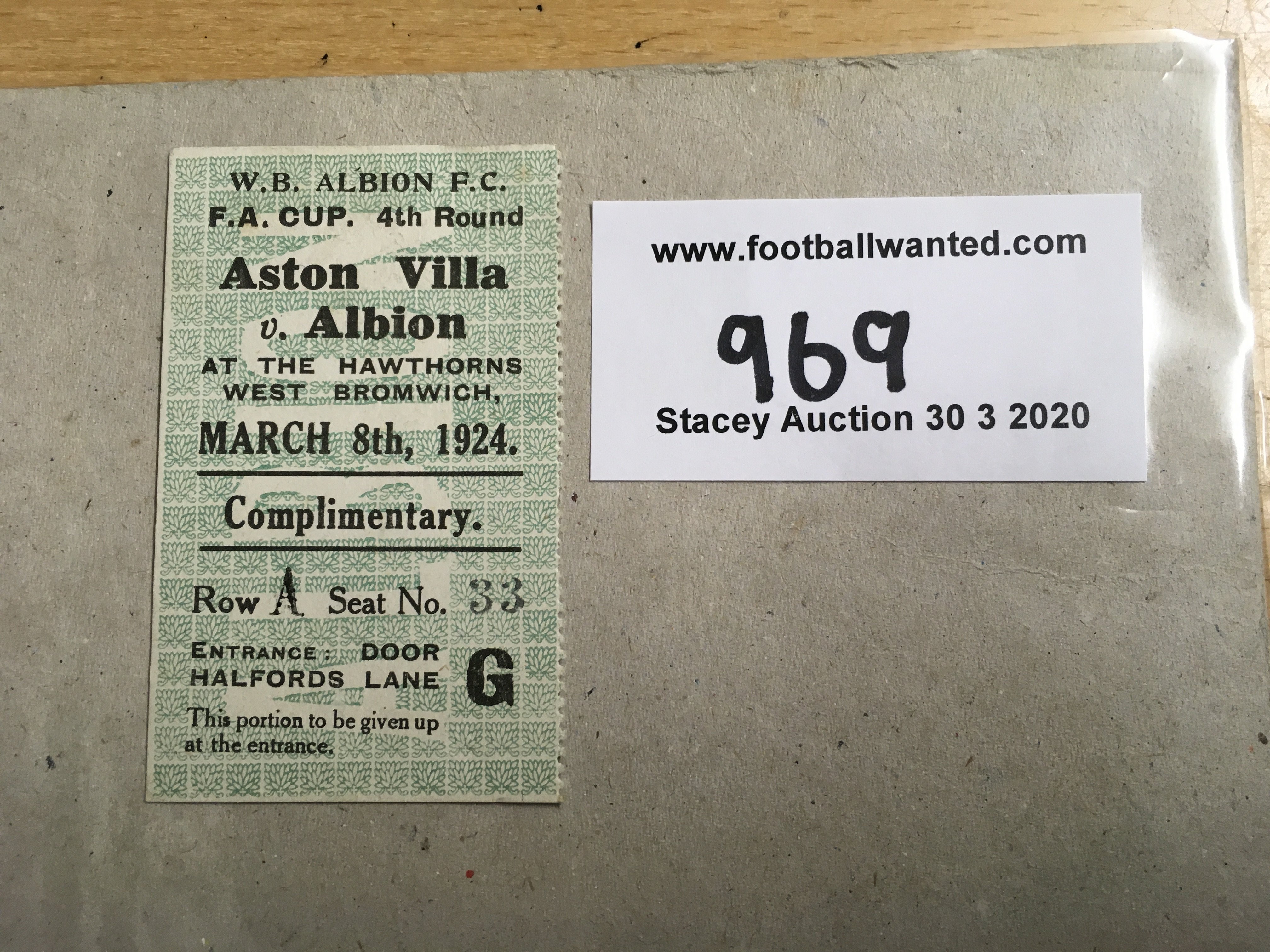 23/24 West Brom v Aston Villa FA Cup Football Ticket: Dated 8 3 1924 in very good condition. Left