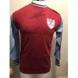 1965 ECWC Final Signed West Ham Football Shirt: Claret and blue long sleeve home shirt with ECWC