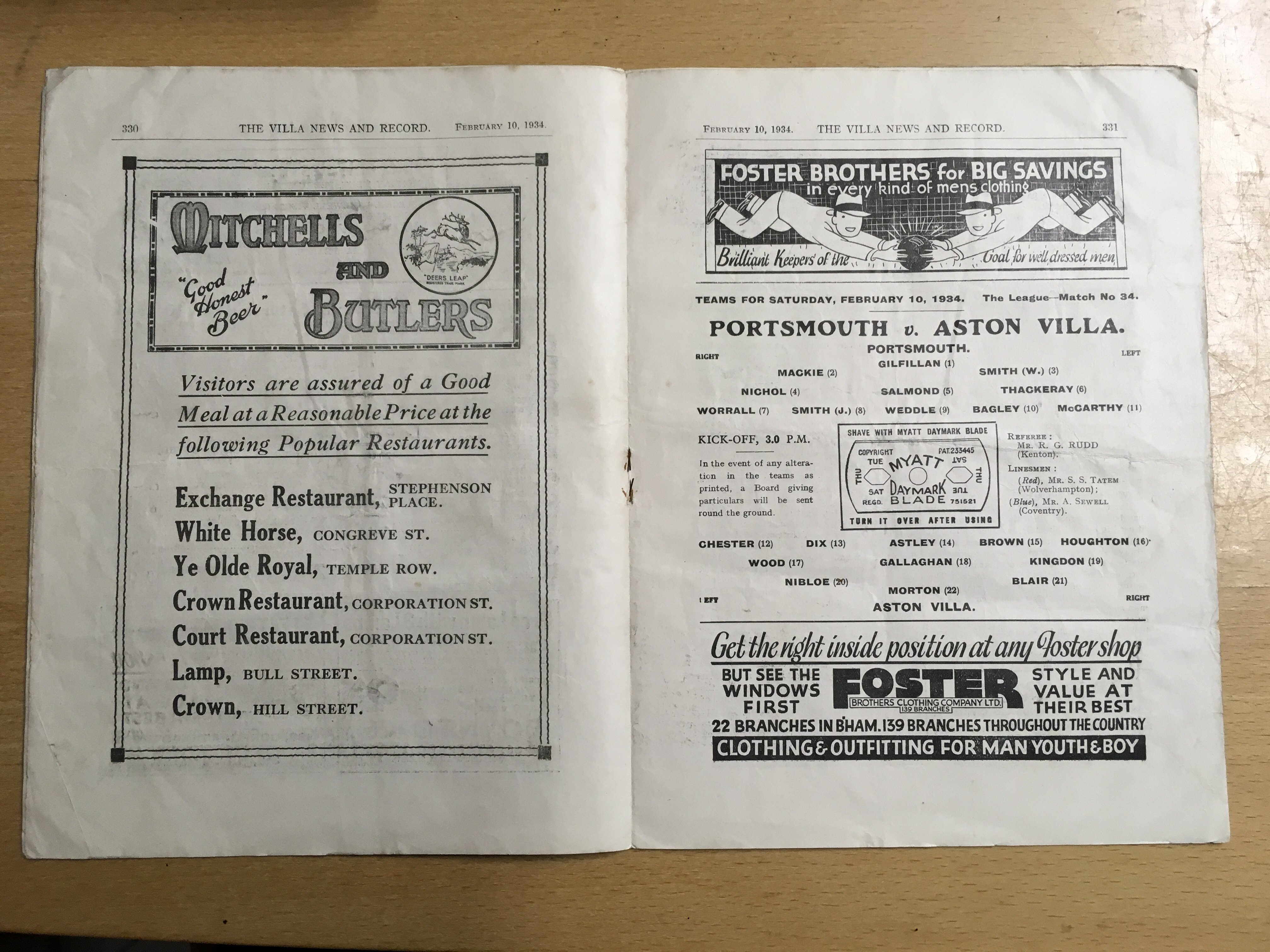 33/34 Aston Villa v Portsmouth Football Programme: Dated 10 2 1934 in good condition with no team - Image 2 of 2