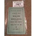 1921 Wales v England Football Itinerary: England players programme of arrangements with list of 13