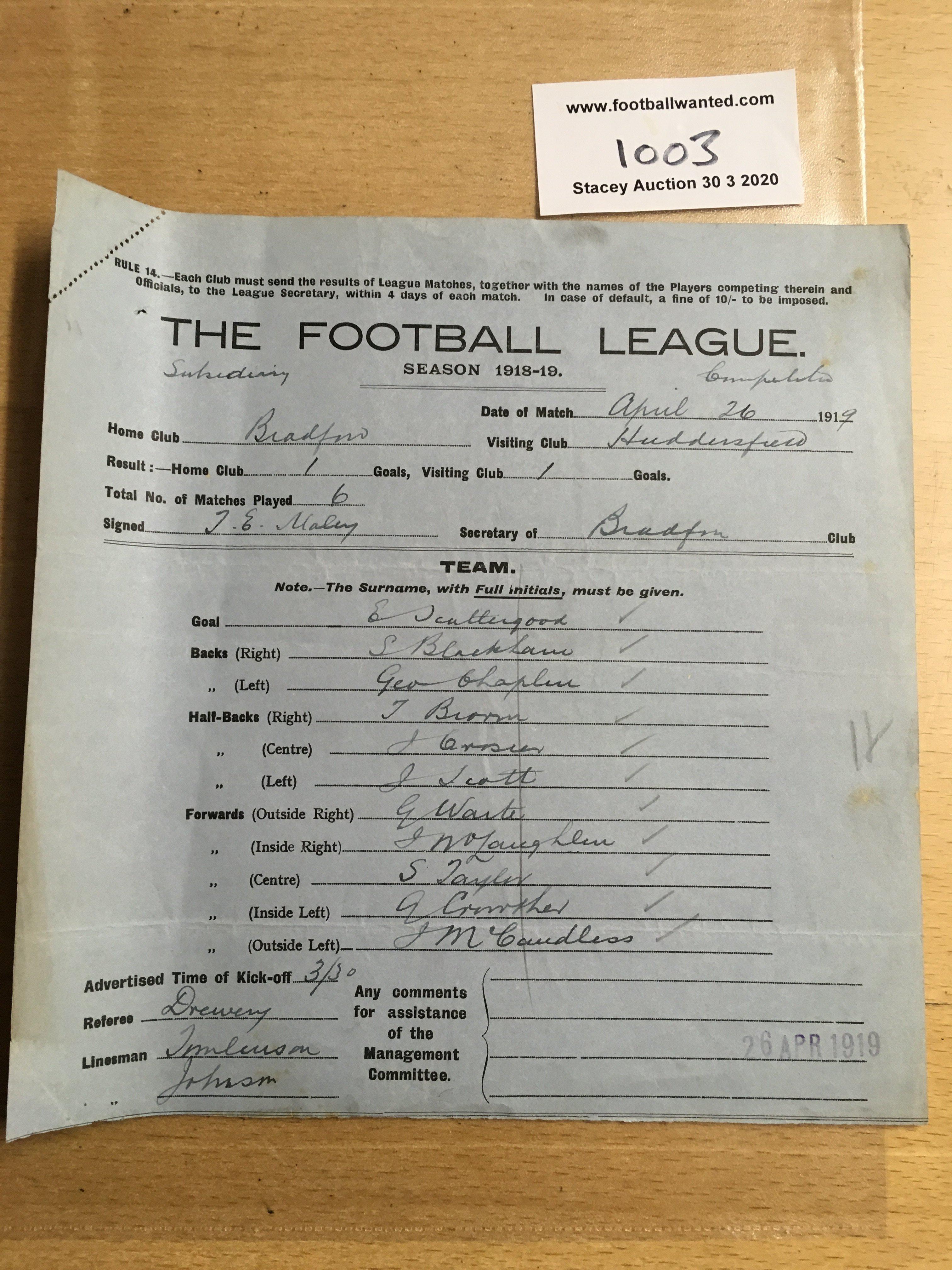 1918/19 Bradford Park Avenue v Huddersfield Town Match Card: This form is hand written and signed by