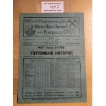 38/39 West Ham v Tottenham Football Programme: Dated 4 3 1939. No team changes but light fold and