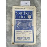 38/39 Southend United v Corinthians FA Cup Football Programme: Fair condition first round match with