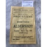 41/42 Brentford v Aldershot Football Programme: London War Cup 4 pager dated 21 3 1942. Very good