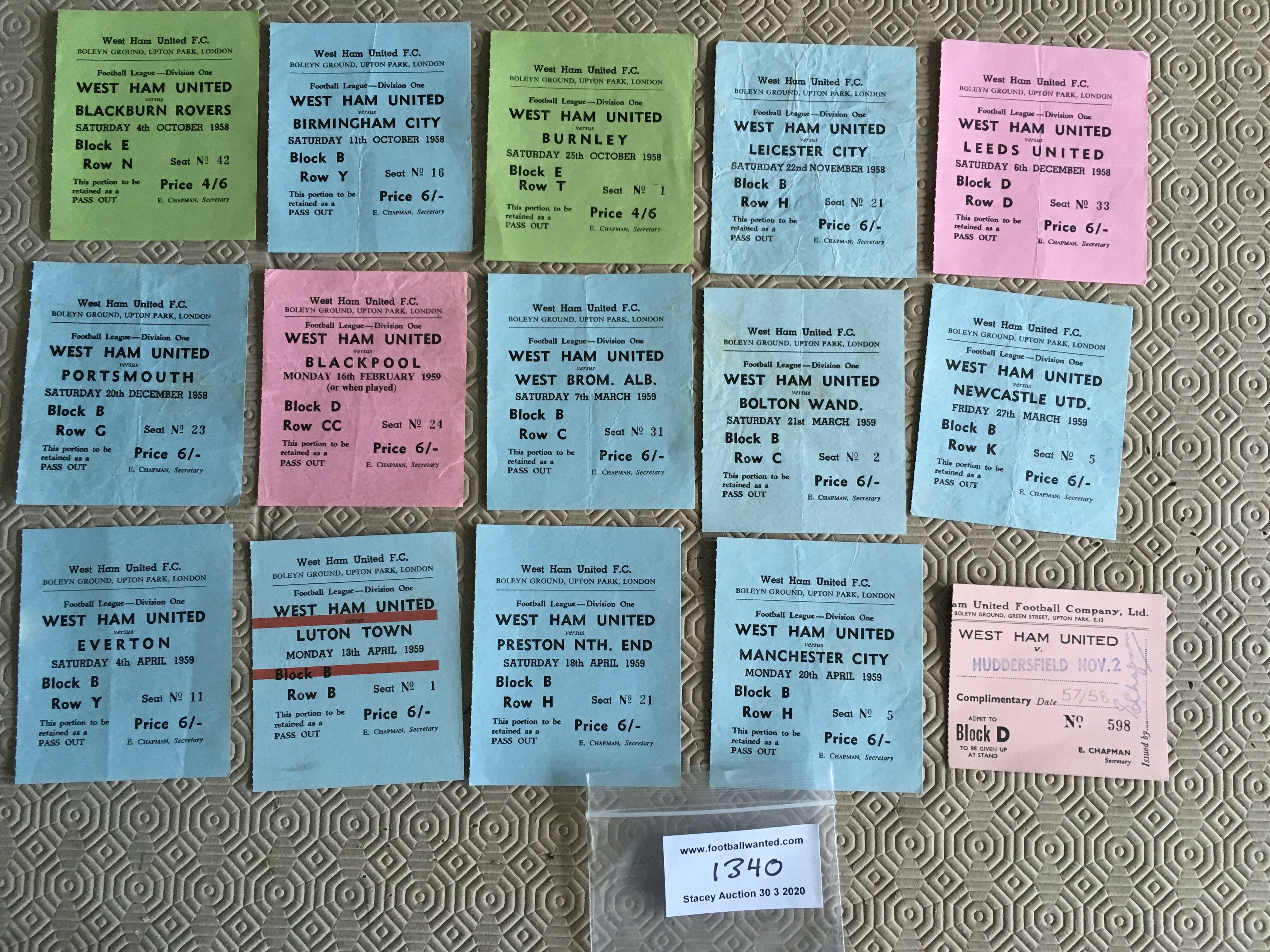 58/59 West Ham Home Football Tickets: 14 League matches from the 1st season in Division One for West