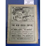 1910/11 Millwall v Crystal Palace Football Programme: First team Southern League Division One