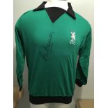 Peter Bonetti Signed Chelsea Football Shirt: Long sleeve green goalkeepers shirt with the old CFC