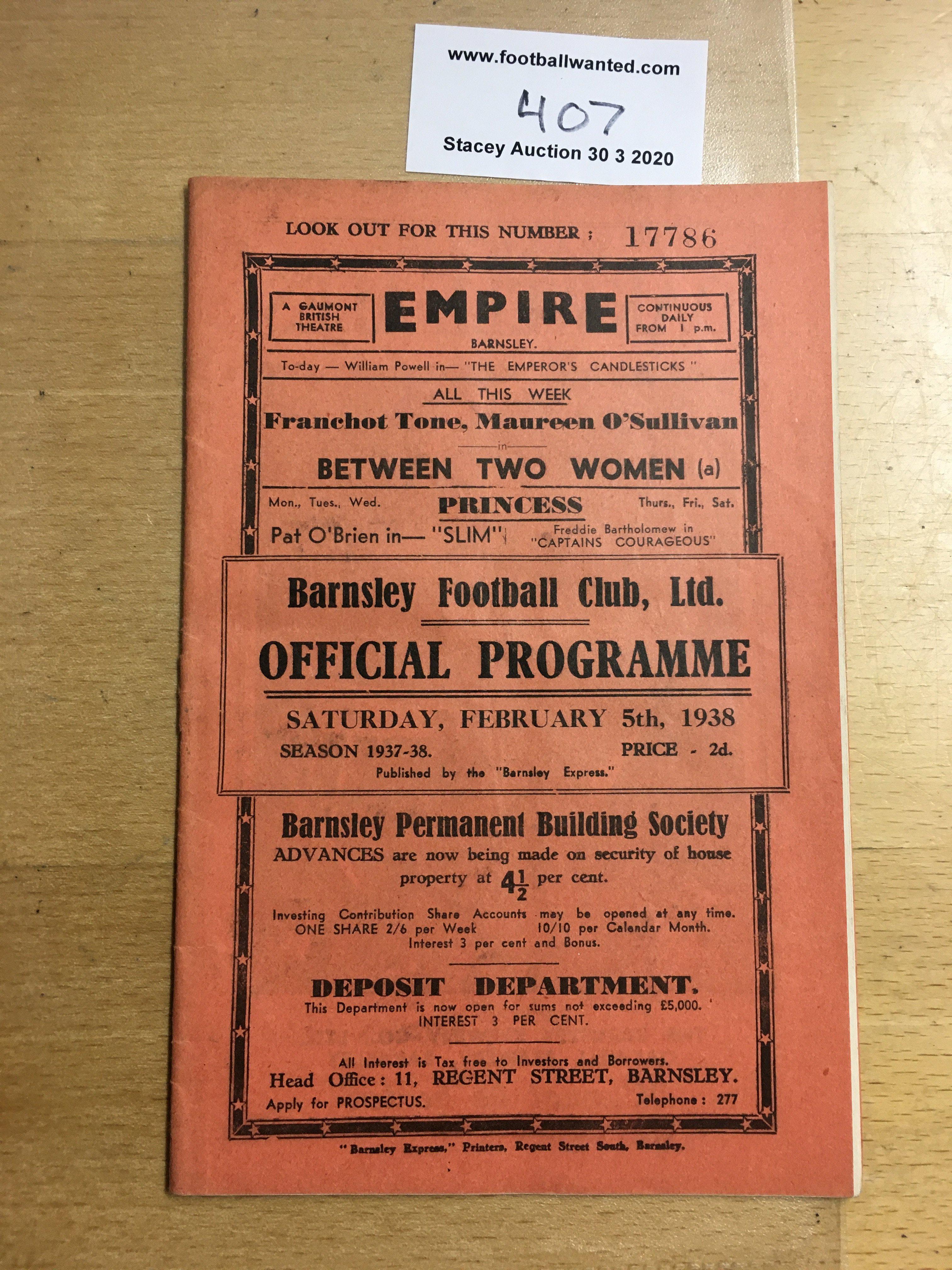 37/38 Barnsley v Tottenham Football Programme: Dated 5 2 1938. No team changes. Excellent condition.