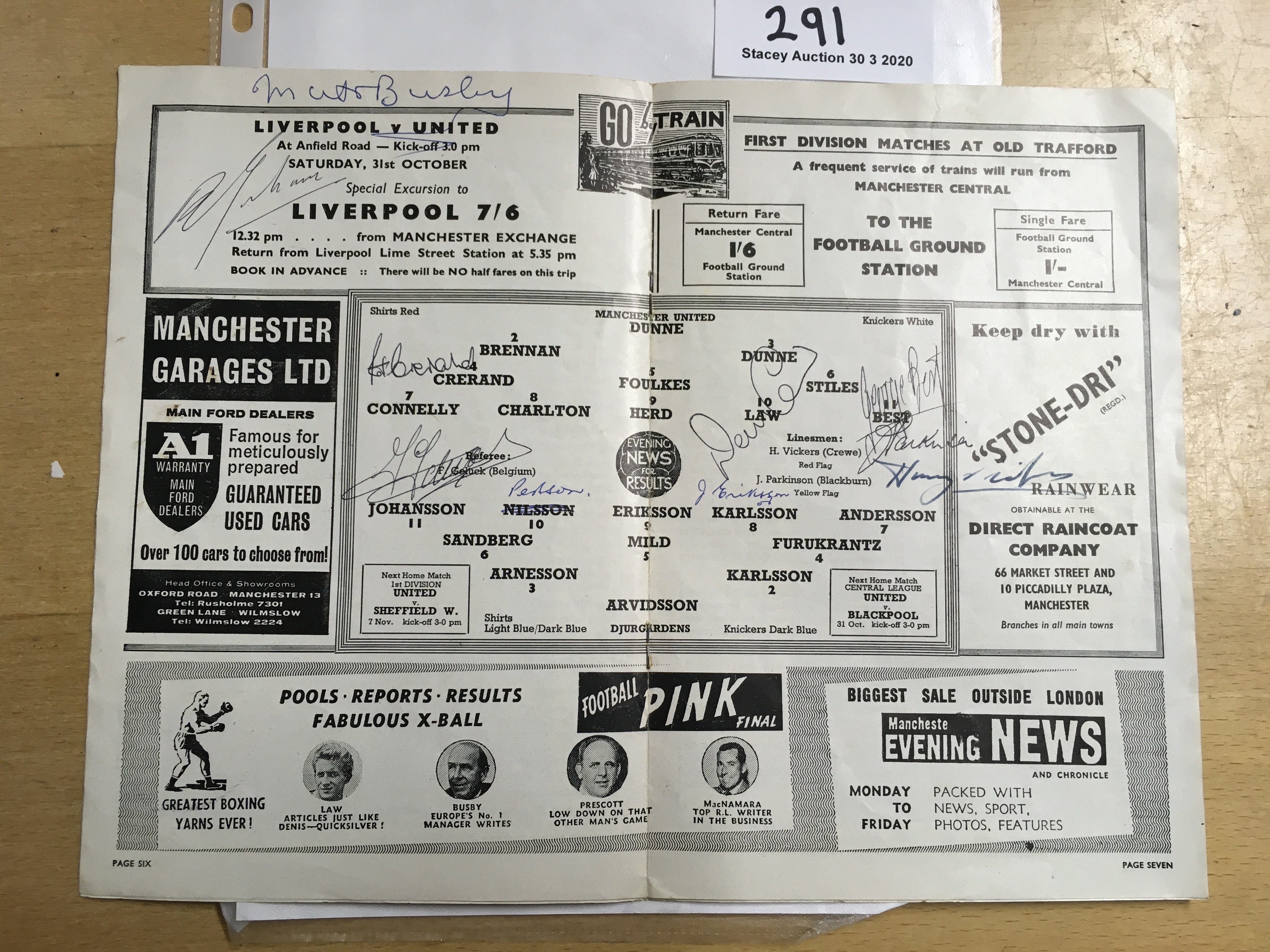 1964 Manchester United Signed Football Programme: Centre page of home programme v Djurgardens is