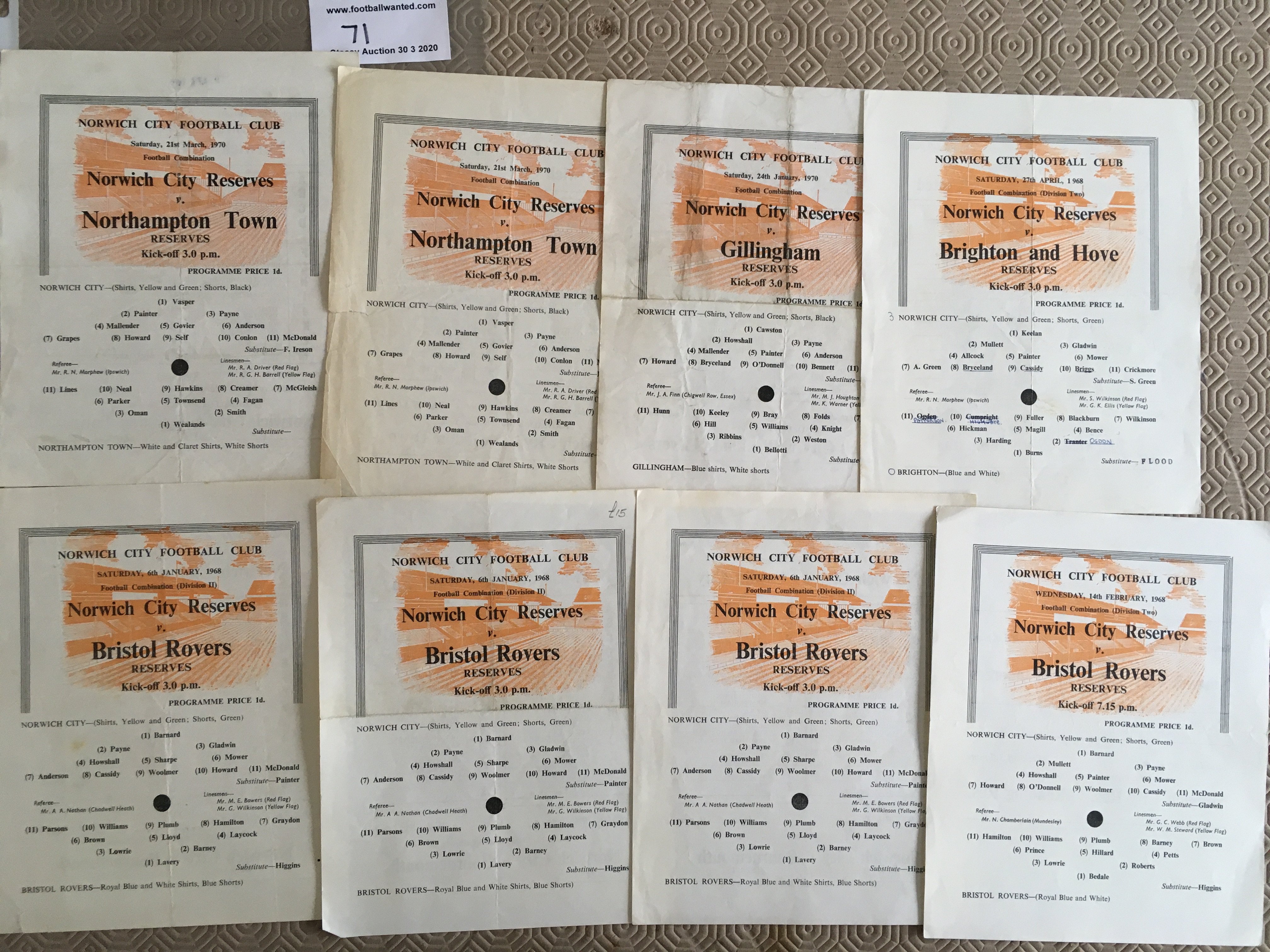 Norwich City Late 1960s Reserve Football Programmes: Single sheets 67/68 to 69/70. Overall fair/good
