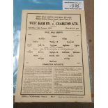 39/40 West Ham v Charlton Football Programme: Friendly dated 14 10 1939 in excellent condition