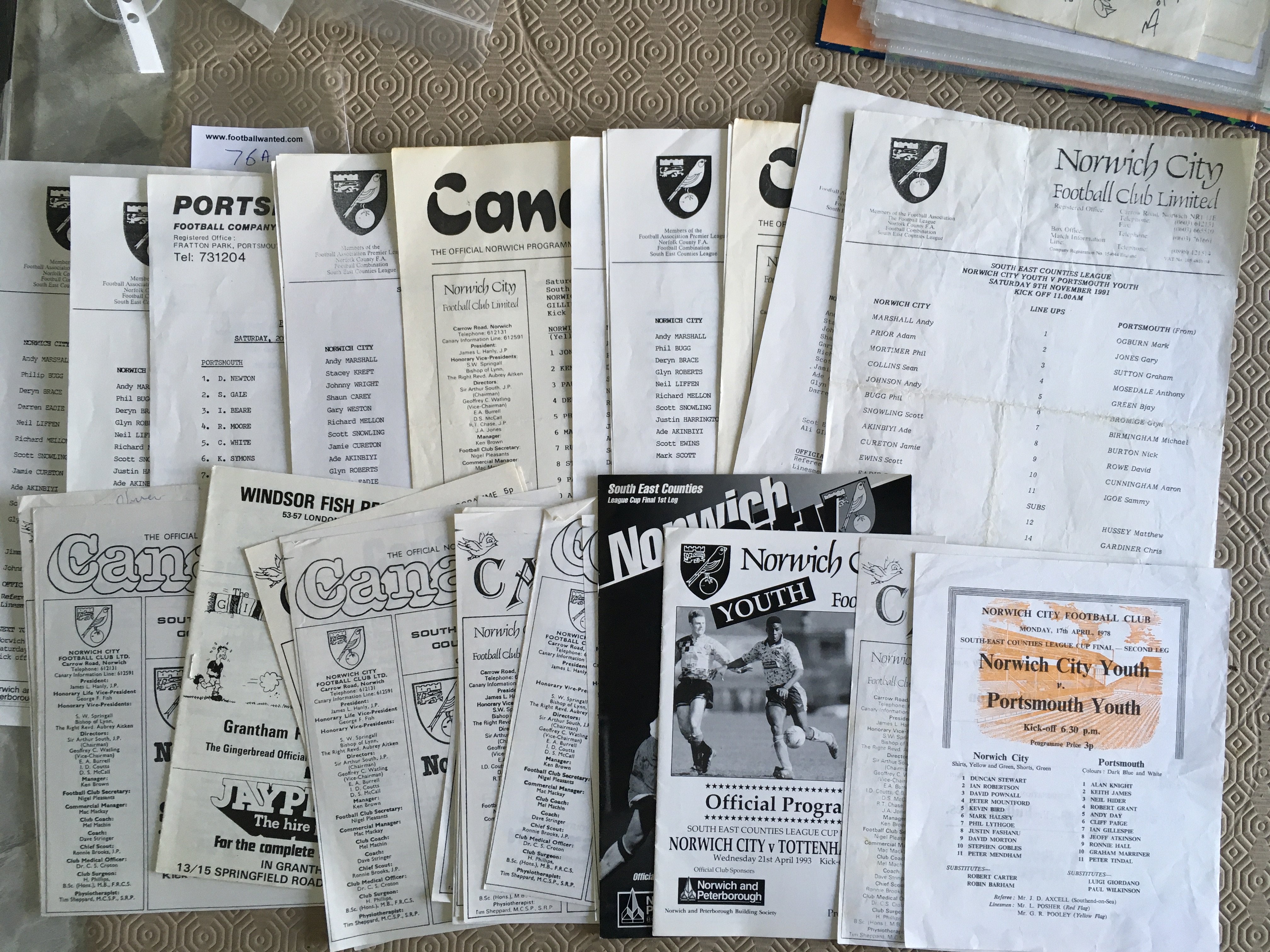 Norwich City Home Youth Football Programmes: Many black and white A4 sheets from the 80s and 90s