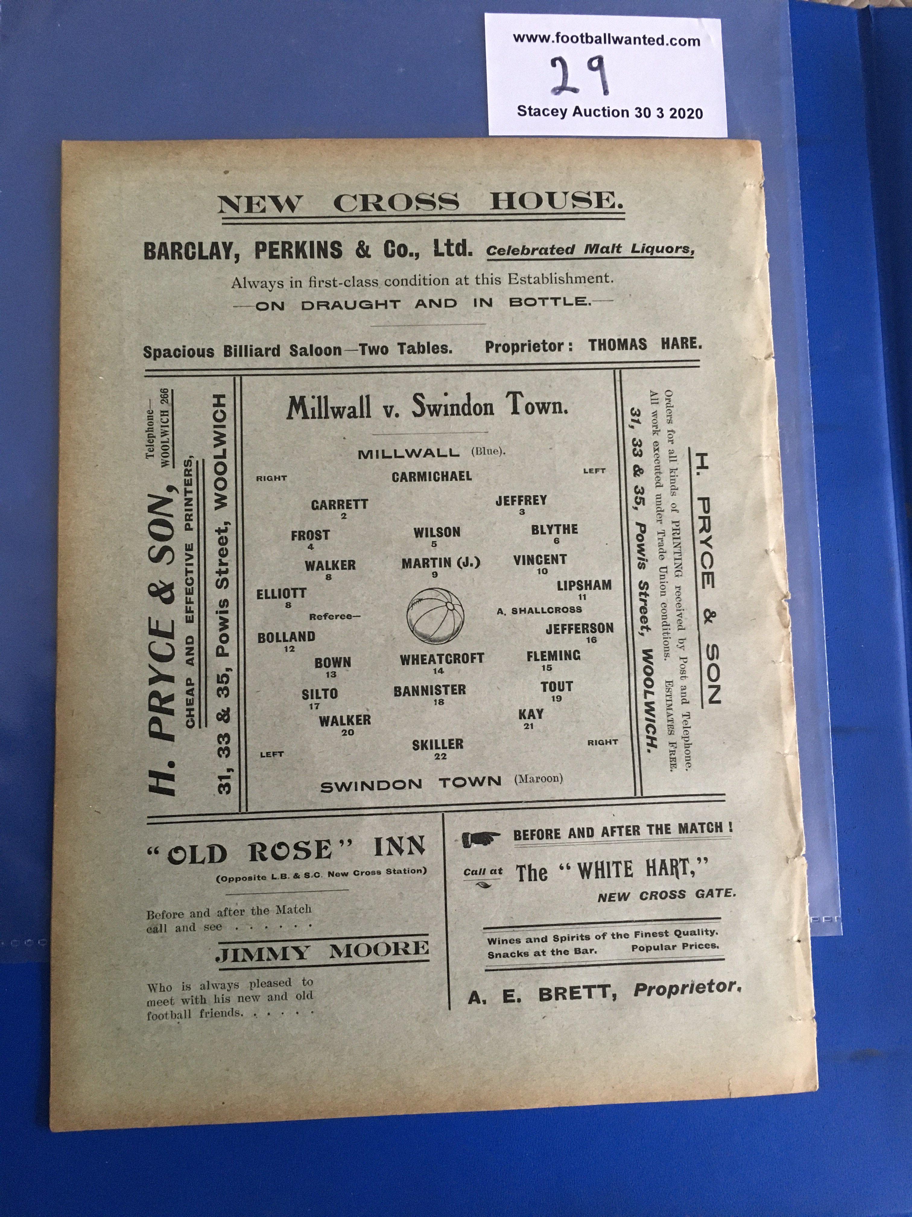 1910/11 Millwall v Swindon Town Football Programme: First team Southern League Division One match - Image 2 of 2