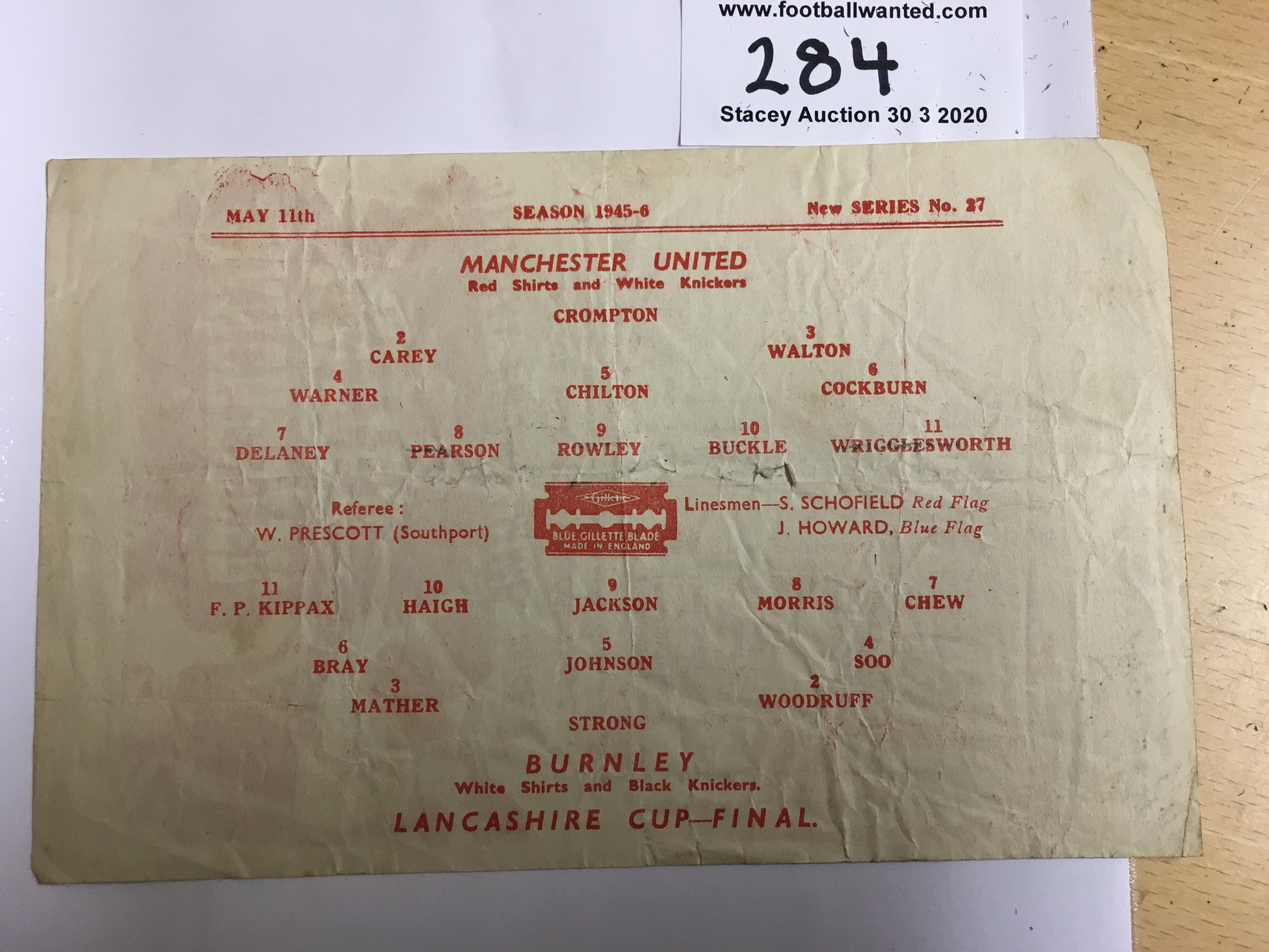 45/46 Manchester United v Burnley Football Programme: Fair/good condition Lancs Cup Final match with - Image 2 of 2