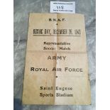 1943 Army v Royal Air Force Football Programme: Played in St Eugene on 26 12 1943. 4 pager has heavy