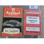 57/58 Manchester United Football Programmes: League match at Arsenal a famous 4-5 result but sadly