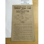 43/44 Bradford City v Darlington Football Programme: Single sheet dated 2 10 1943. Score noted to