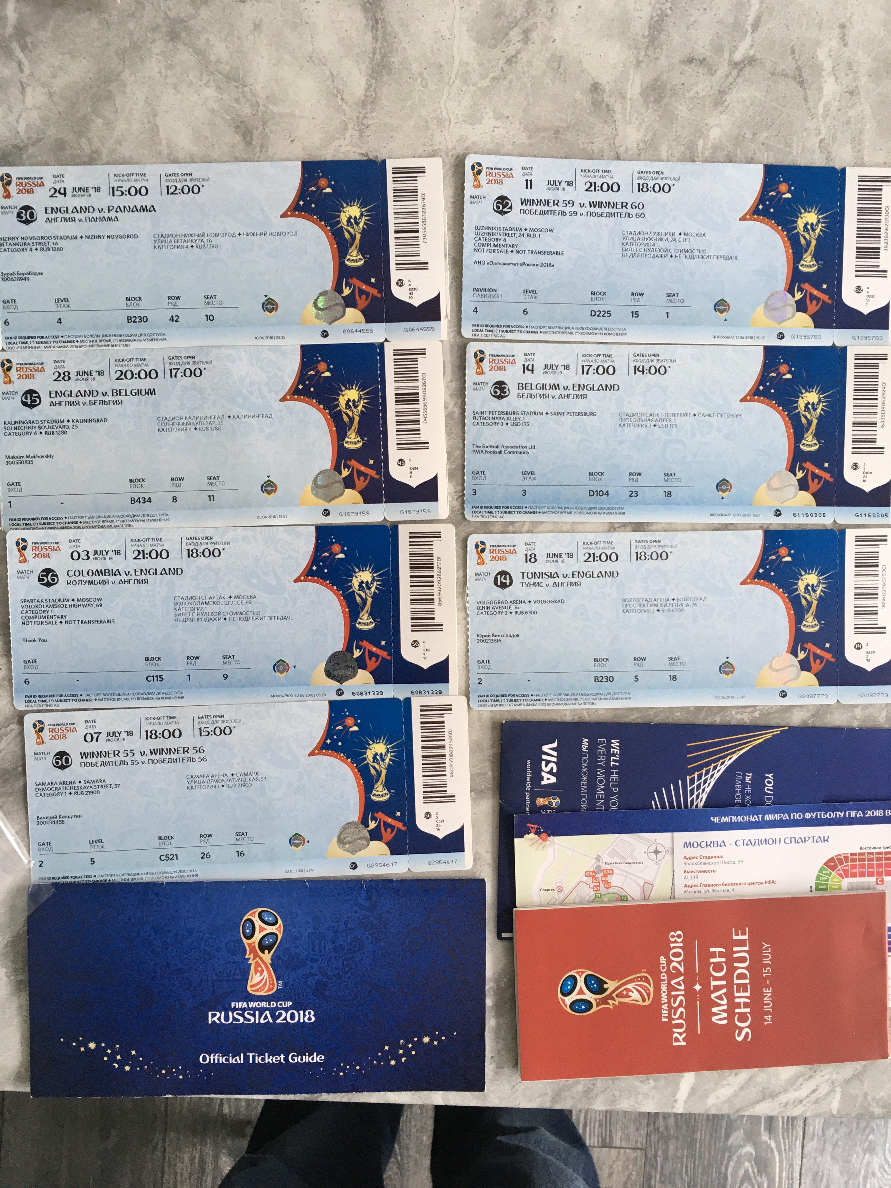 England 2018 Complete World Cup Ticket Collection: All 7 tickets from the year England got to the