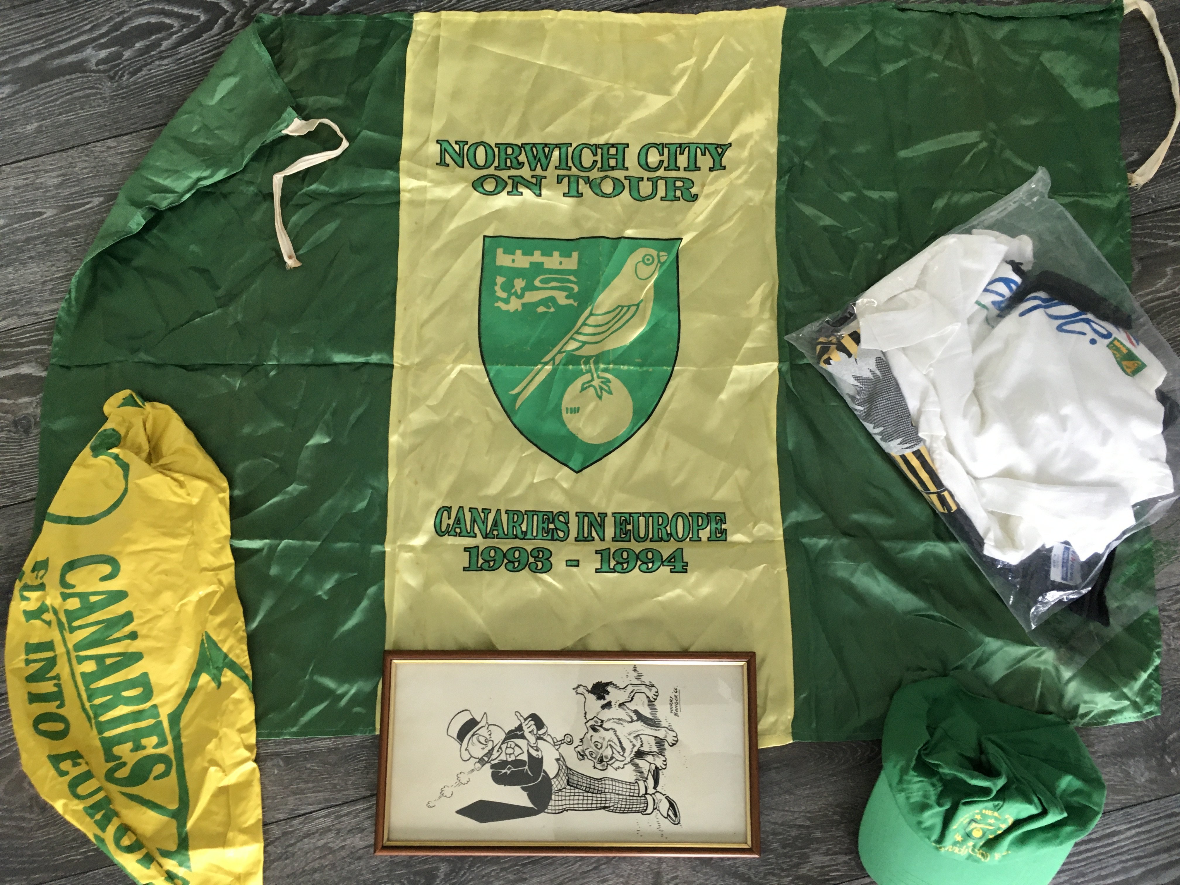 Norwich City Football Memorabilia: Includes a framed cartoon from 1966, Selection of mid 90s Norwich