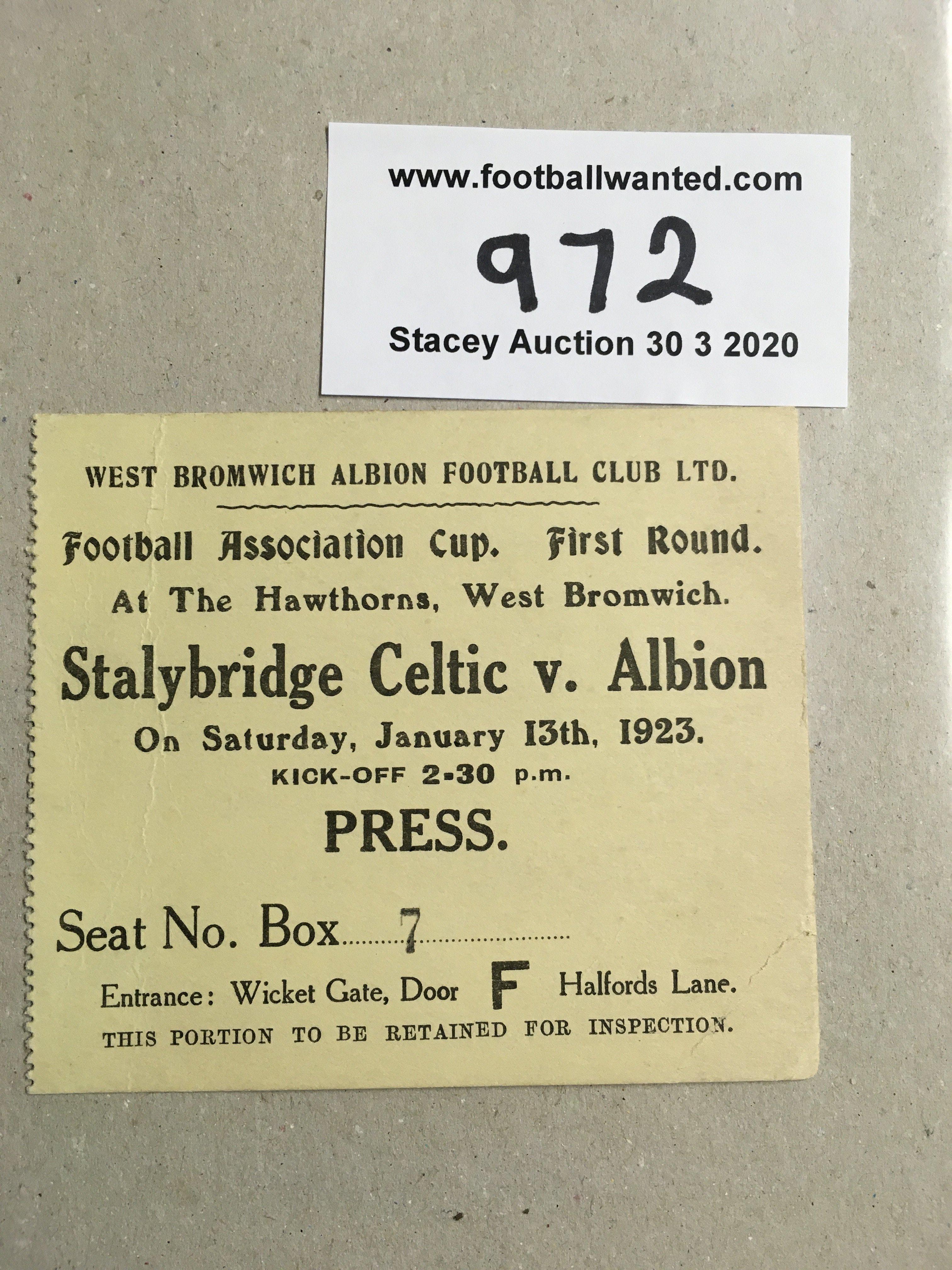 22/23 West Brom v Stalybridge Celtic FA Cup Football Ticket: Dated 13 1 1923 in excellent condition.