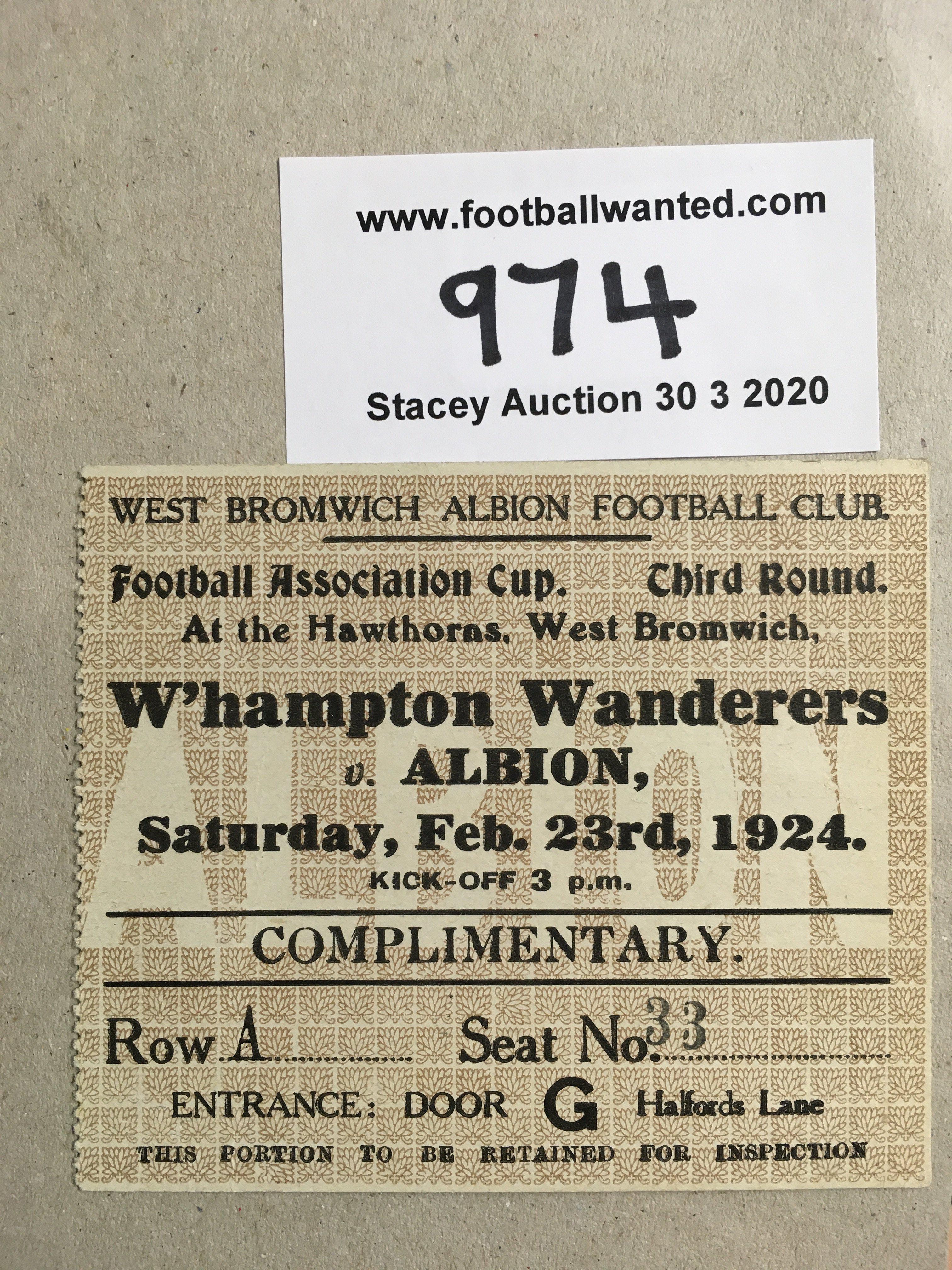 23/24 West Brom v Wolverhampton Wanderers FA Cup Football Ticket: Dated 23 2 1924 in excellent