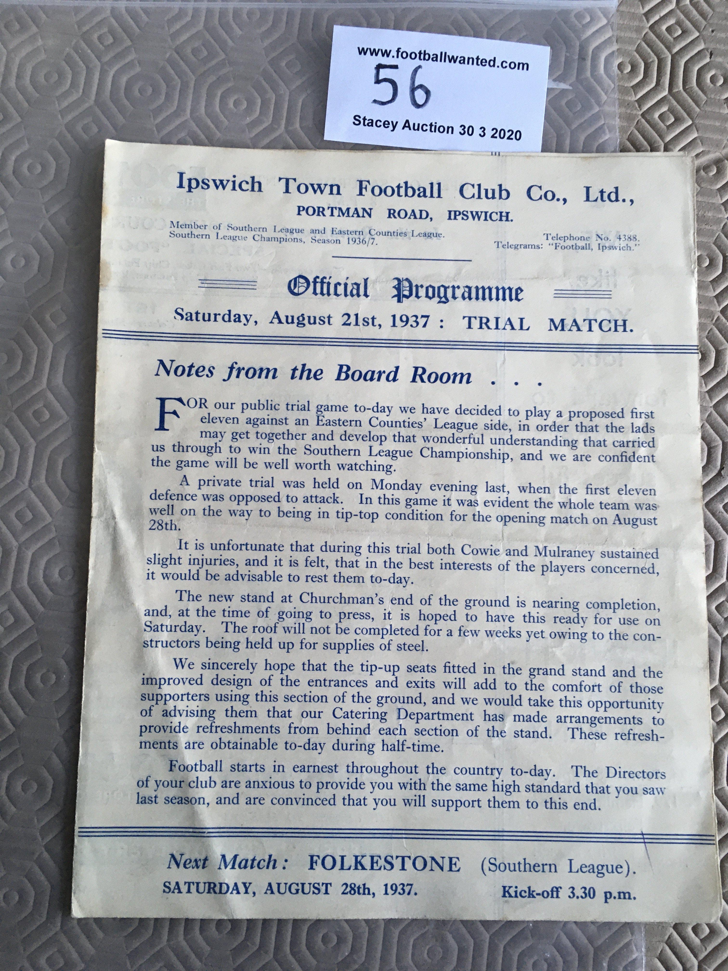 1937 Ipswich Town Public Trial Football Programme: Four pager dated 21 8 1937 in good condition with