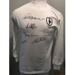 Tottenham 1960s Signed Legends Football Shirt: 1960s white long sleeve replica home shirt signed