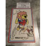 Peters + Hurst England Signed World Cup Willie Football Postcard: Original postcard with World Cup