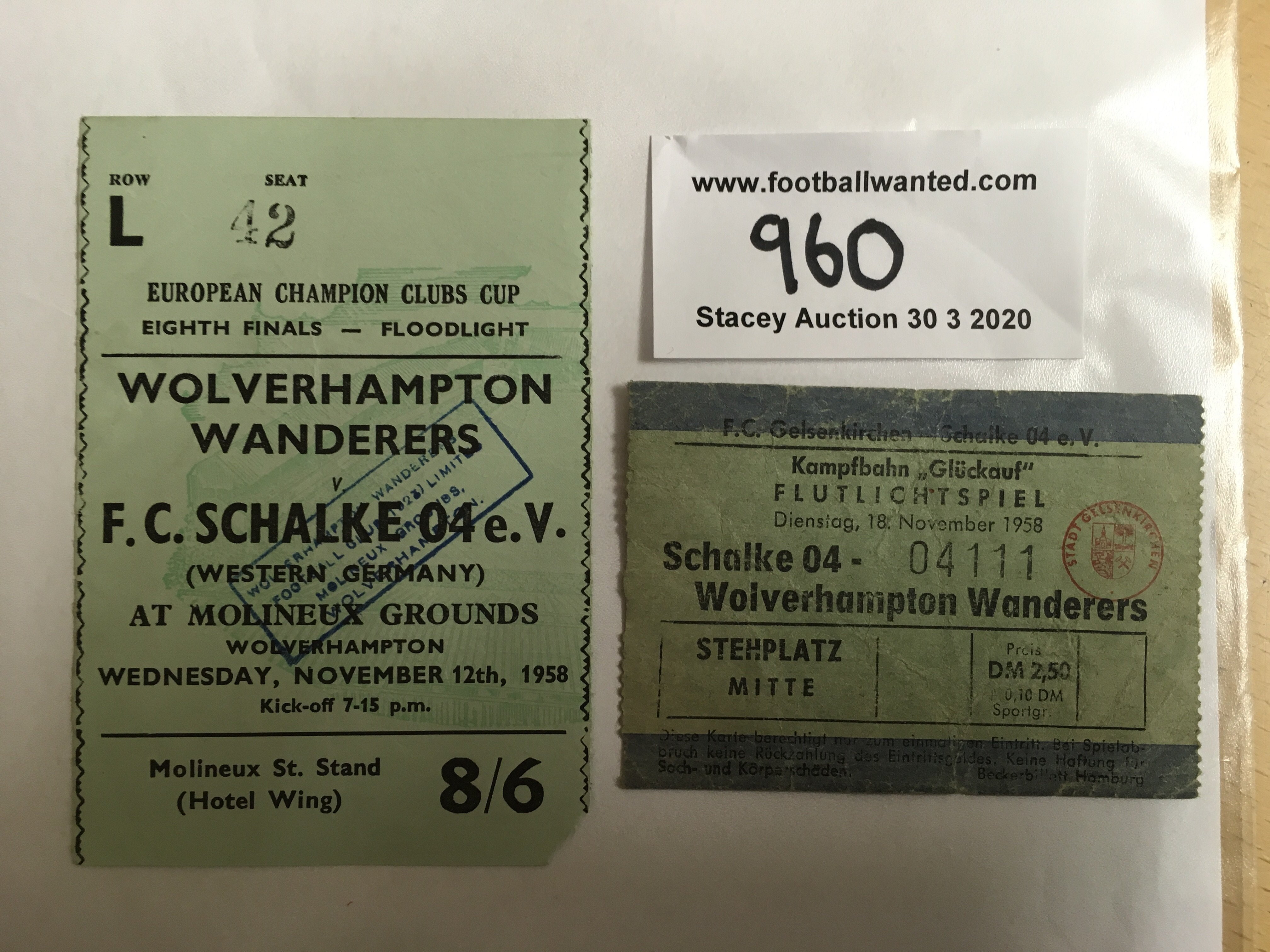 58/59 Schalke v Wolves European Cup Football Tickets: Both legs of the matches dated 12th and 18th