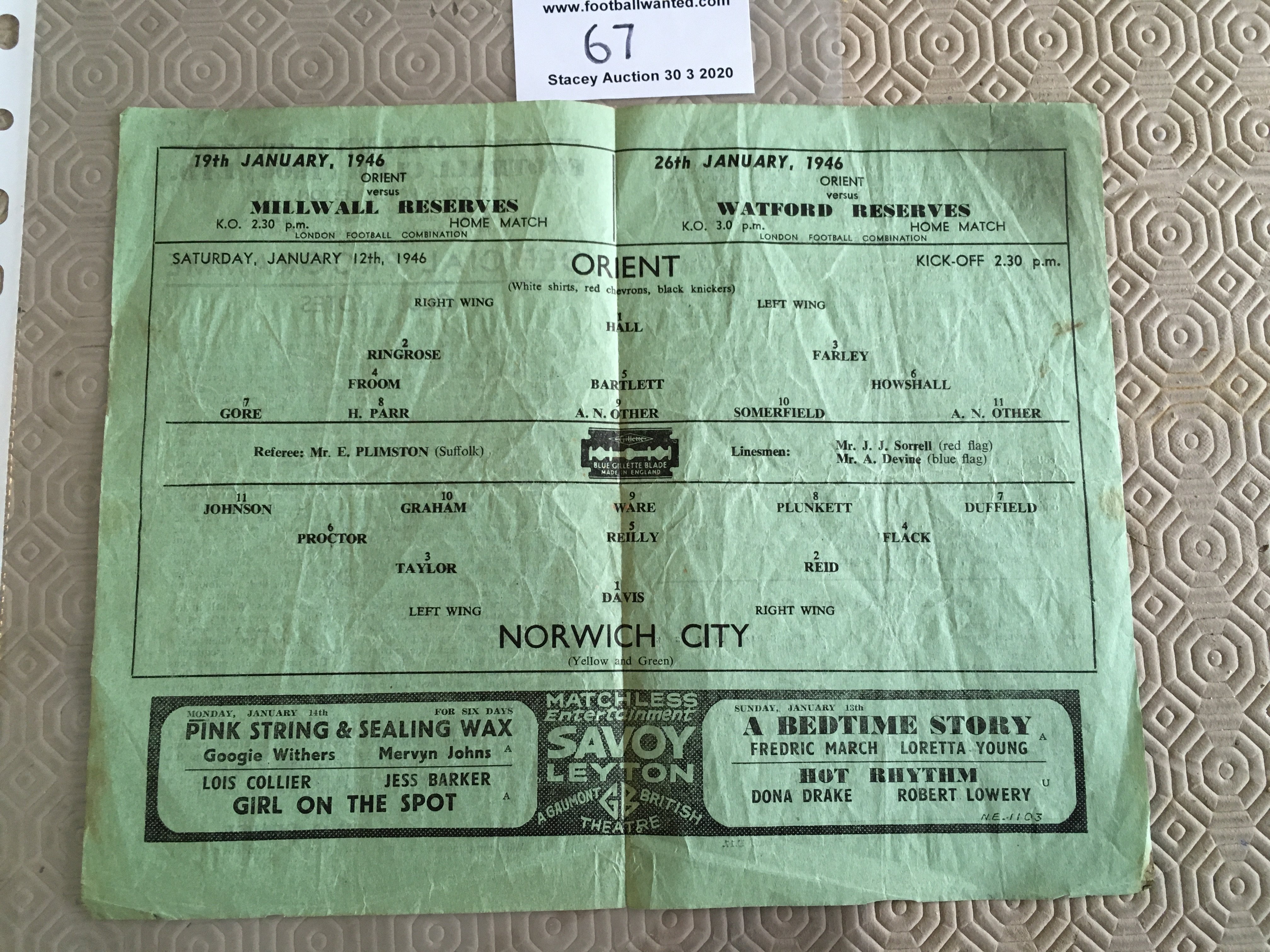 45/46 Orient v Norwich City Football Programme: League match dated 26 1 1946 with creasing. No - Image 2 of 2