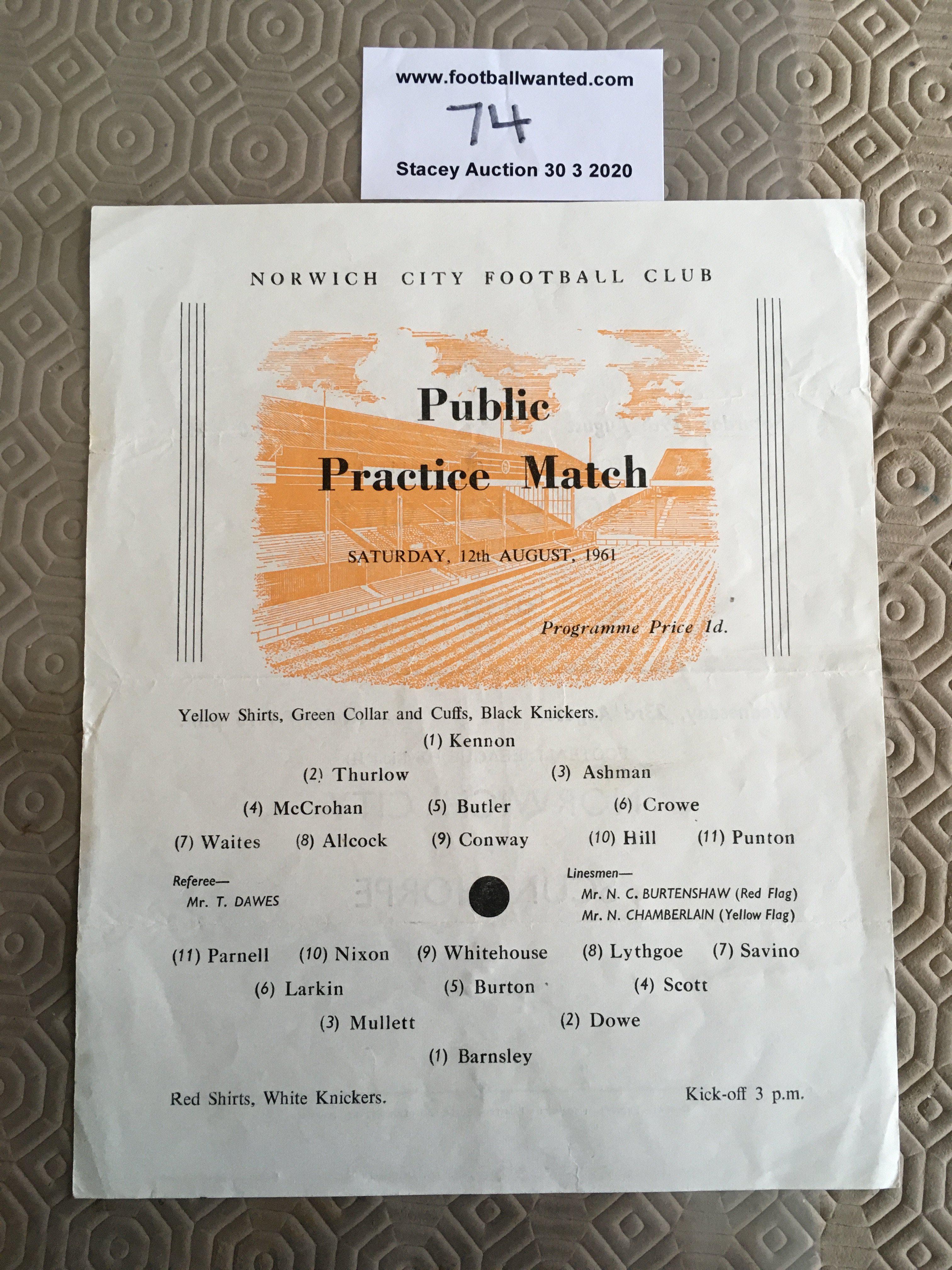 61/62 Norwich City Practice Match Football Programme: Single sheet in good condition with no writing