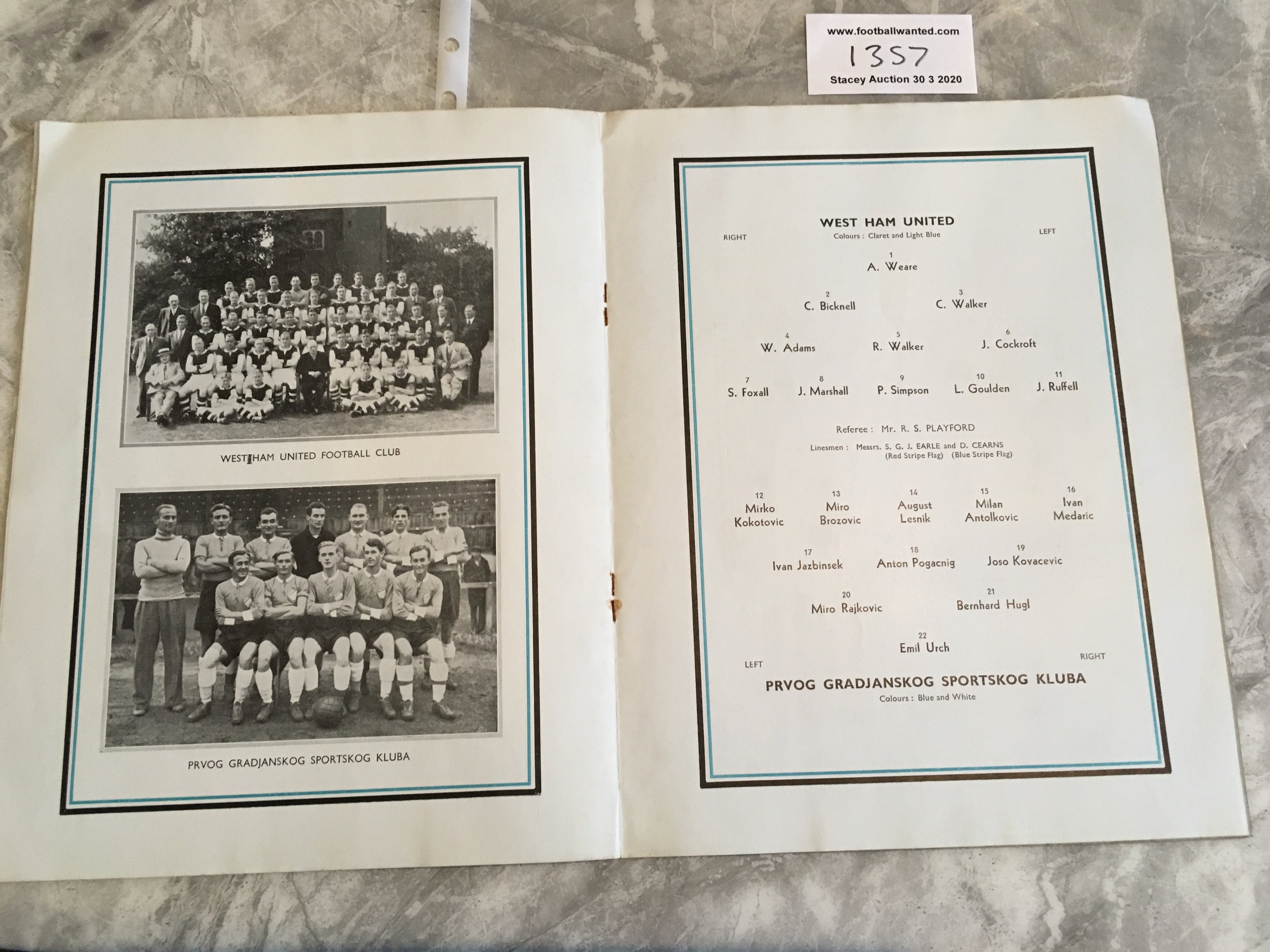 1936 West Ham v Prvog Gradjanskog Sportskog Kluba VIP Football Programme: Dated 25 11 1936 in - Image 2 of 3