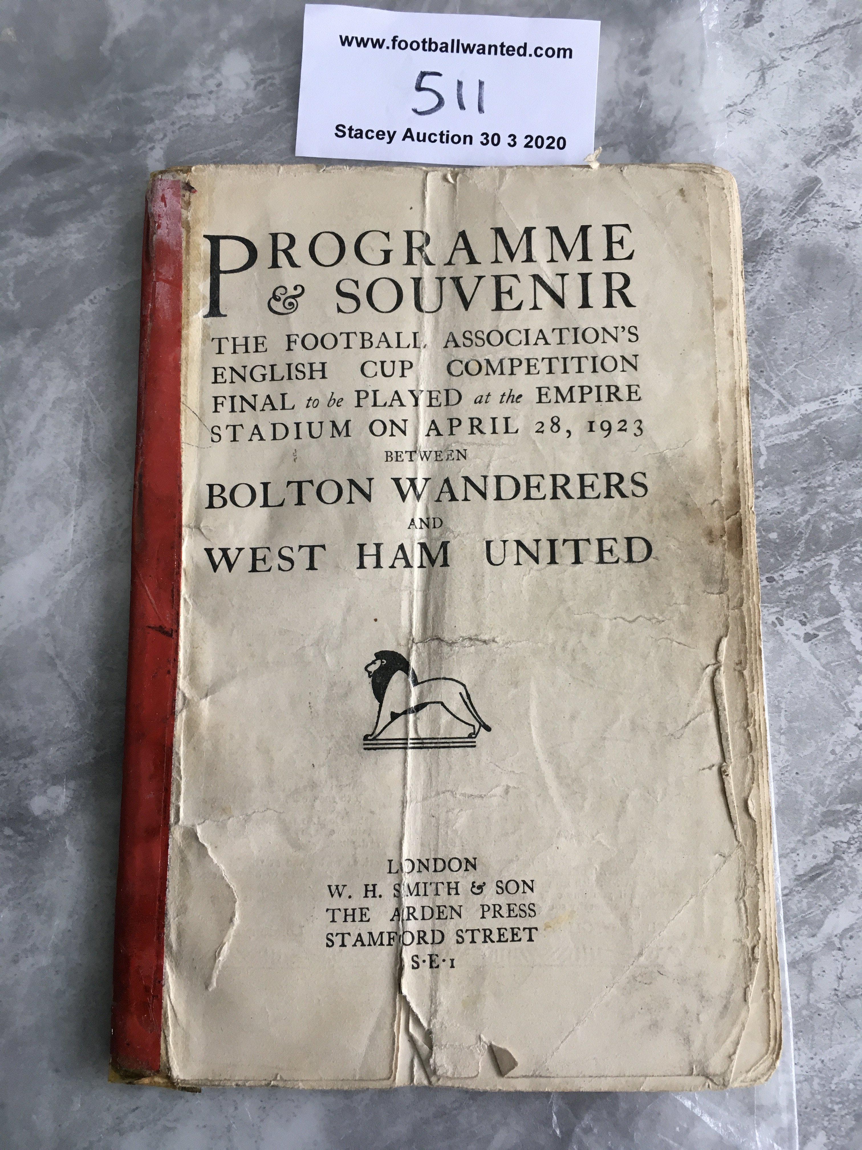 1923 FA Cup Final Football Programme: Bolton Wanderers v West Ham in very poor condition without
