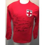 England 1966 World Cup Signed Football Shirt: Red long sleeve shirt with badge stating 1966 World