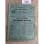 38/39 West Ham v Tottenham Football Programme: Very good condition with no writing dated 4 3 1939.