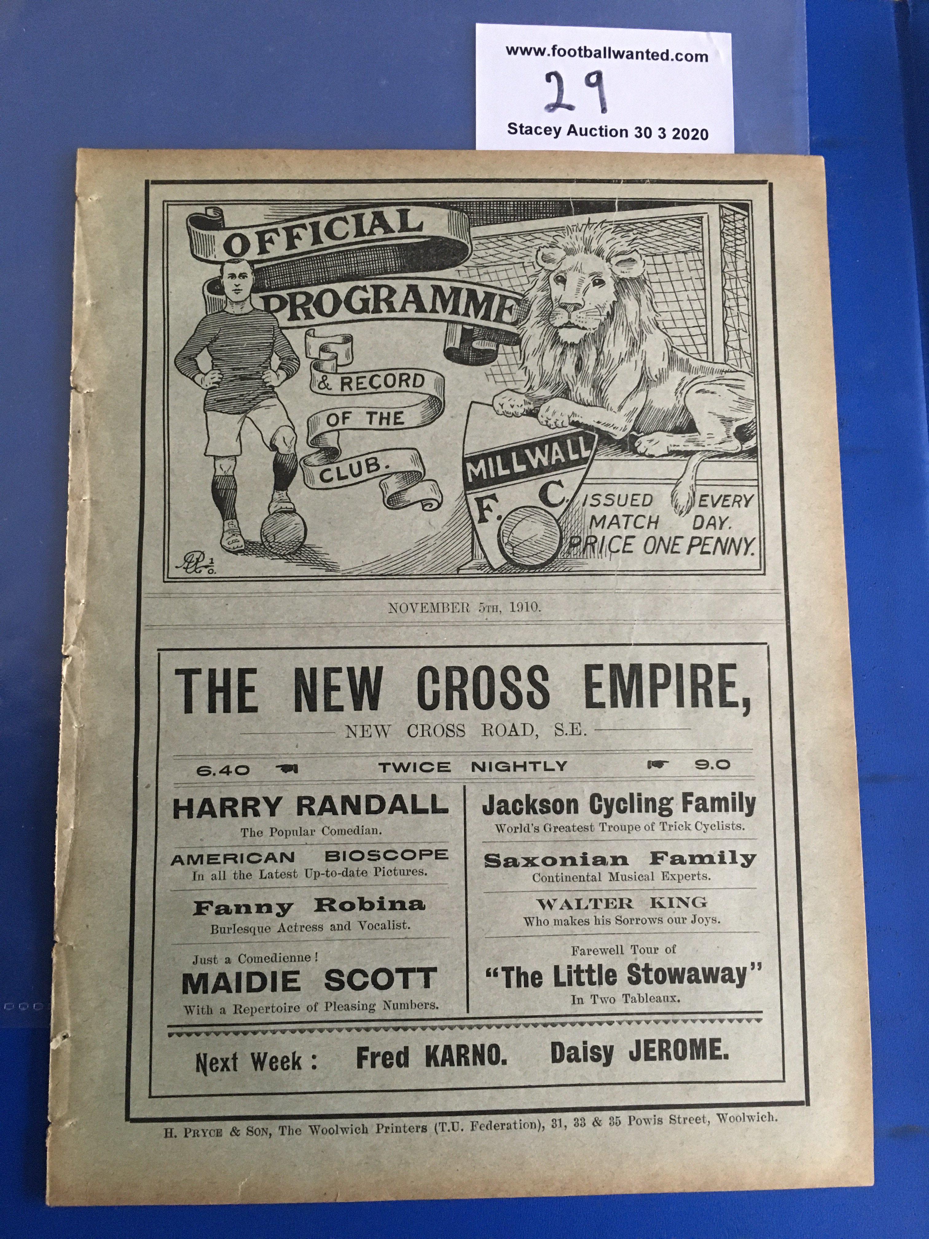 1910/11 Millwall v Swindon Town Football Programme: First team Southern League Division One match